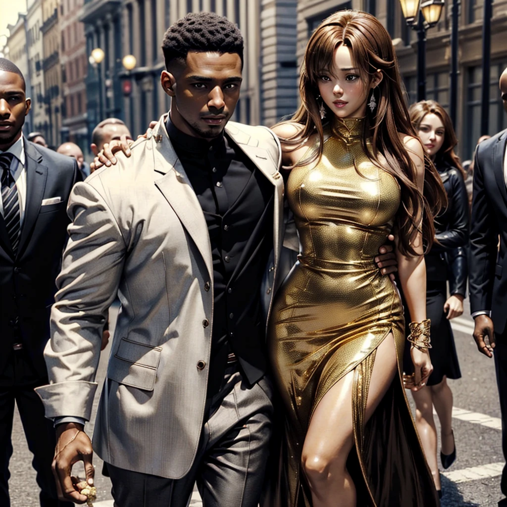 ((highest quality)), ((masterpiece)), Perfect Face、((Yuuki Asuna))、（((The woman has brown hair and white skin)))、((A black man and woman are standing arm in arm, embracing each other))、Black men and women are wearing flashy clothes and flirting in the streets、The woman is wearing a shiny gold dress with a long slit、Black man in flashy clothes、（The black man has dark skin and a strong body with a big erect black cock and balls）、A black man puts his hands around a woman&#39;s waist and holds her close、A woman hugs a black man with a happy expression、The woman is wearing gorgeous earrings and a necklace.、Black men and women engagement rings、The black guy&#39;s dick is huge, long and shiny