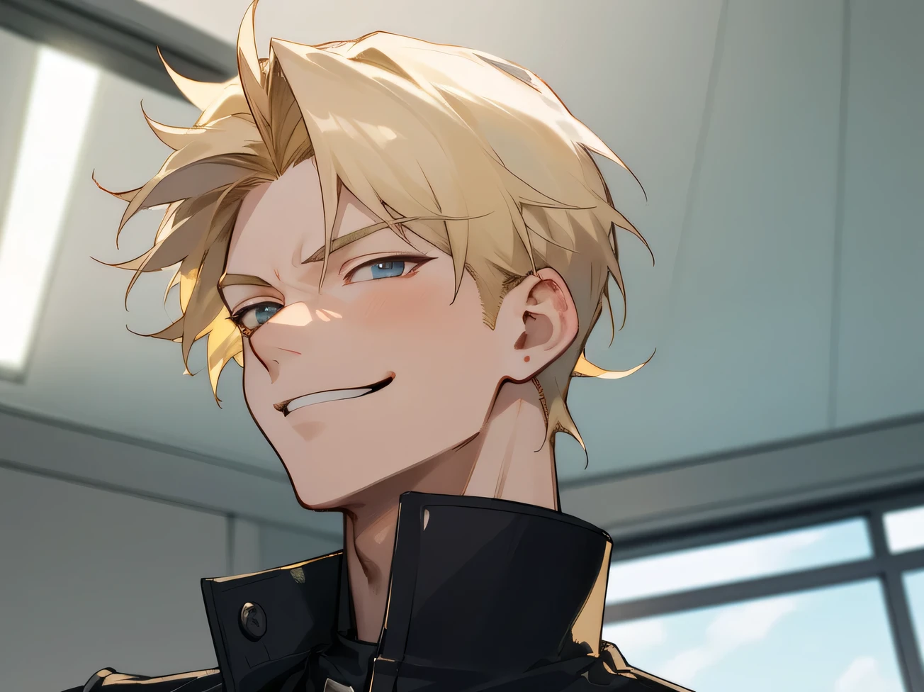 masterpiece,Upper Body,Face close-up,One male,20th Generation,Sharp focus,smirk,Blonde,top hair,Horny,gakuran,Angle from below,Background classroom