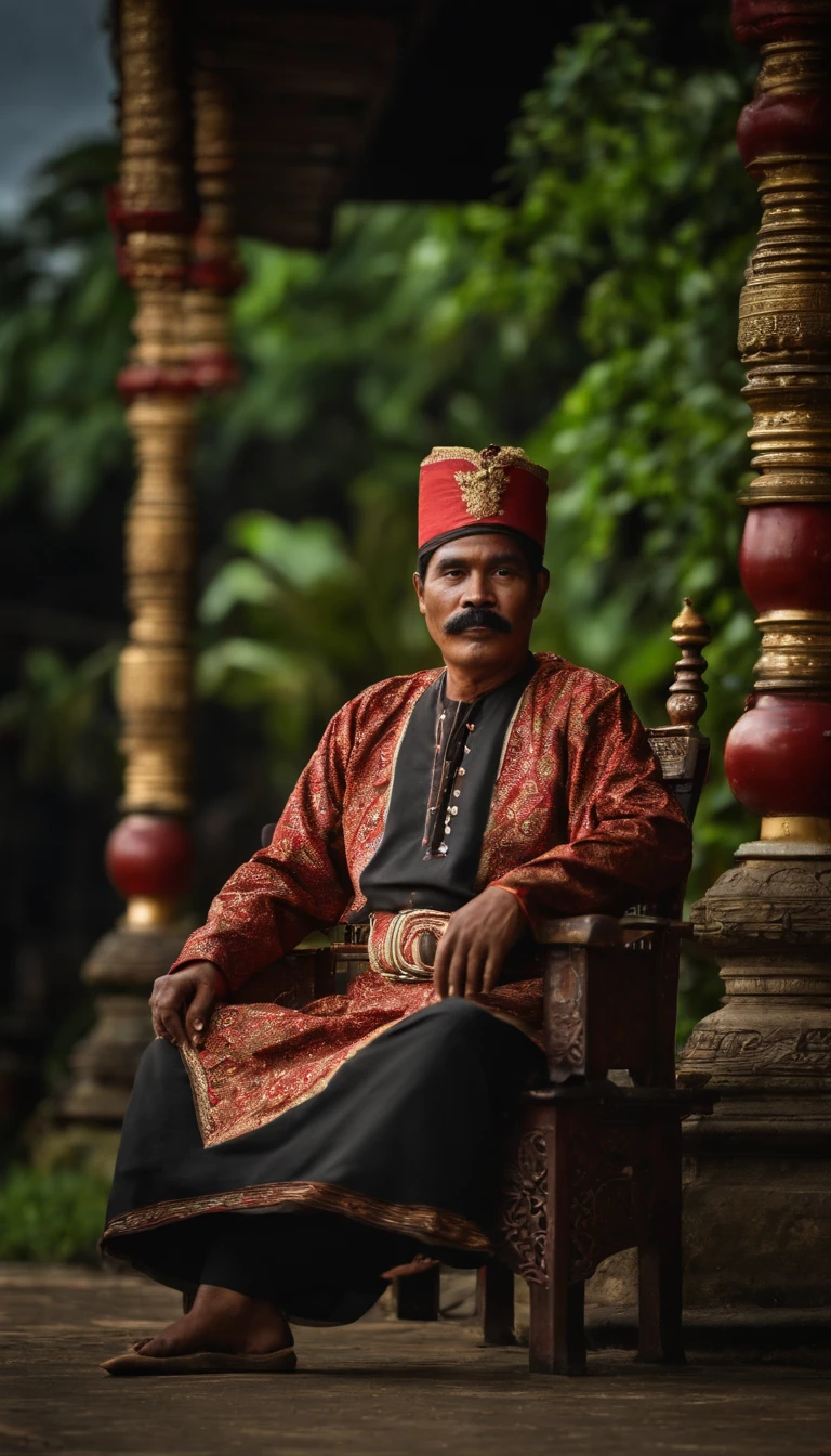 A slightly fat West Sumatran Padang man tall with a bushy mustache was wearing traditional Batusangkar clothes. Sit on a chair in front of the Minangkabau traditional building. At night. Alone. Good lighting. Genuine leather texture. Best resolution. RAW.