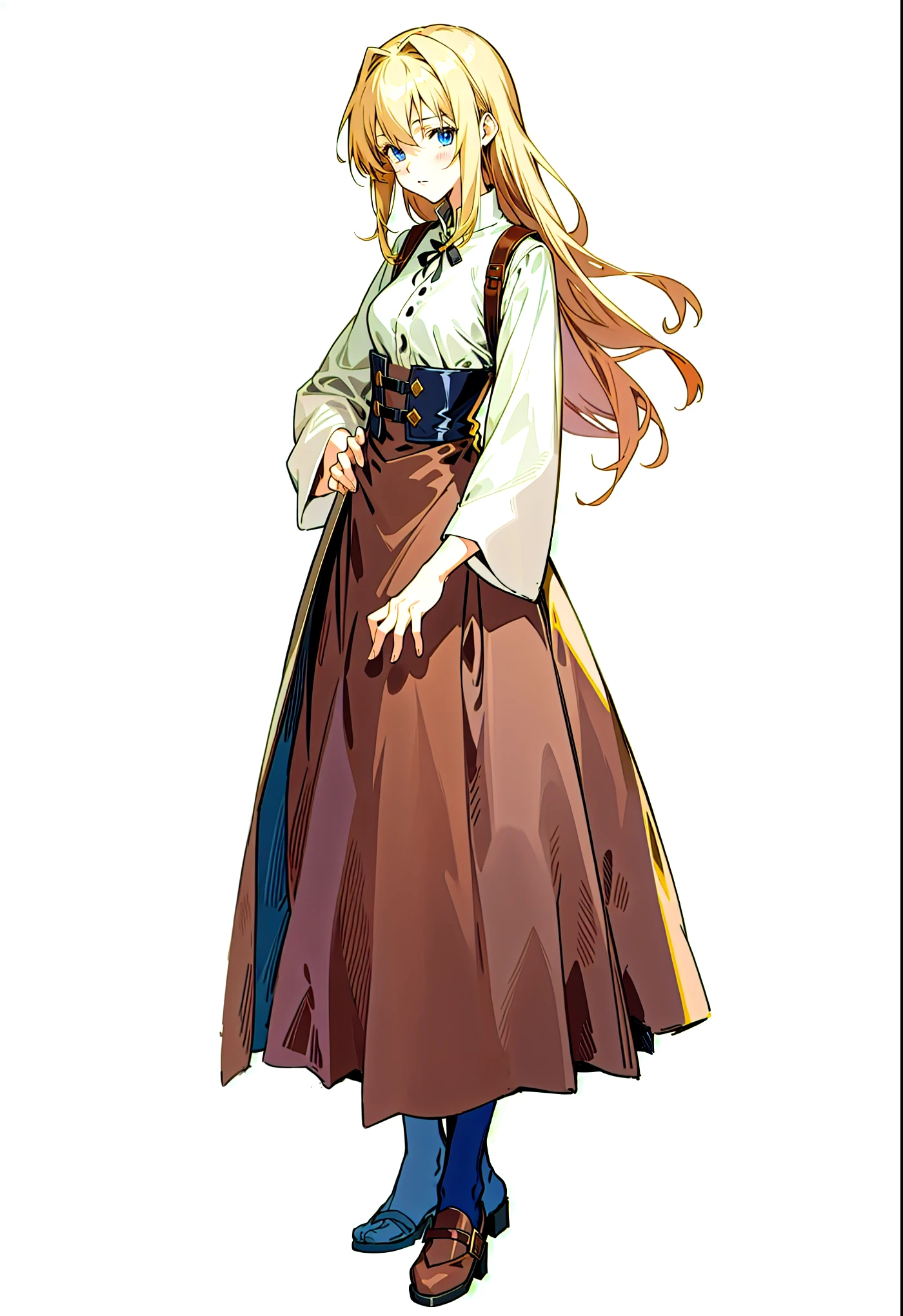 Anime girl in a brown dress with a white shirt and a brown skirt, female Anime characters, Official character art, Rena Nainen style 3/4, Wearing long, loose clothing, Final Fantasy Tactics characters, Anime full body illustration, Kshat Garland, Anime characters, Violet Evergarden, main character, Full-length portrait of a character, One character&#39;s whole body、Large Breasts、Clothes of the common people in medieval Europe