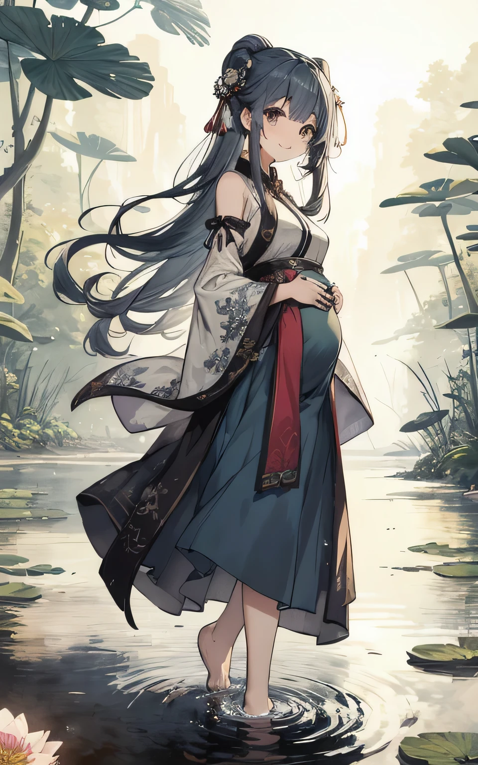 ((8k、masterpiece、beste-Qualit))、shuimobysim、traditional Chinese ink painting、lotuses、Hanfu、Maxi skirt、One girl dressing up modestly、solo、long blue hair、a smile、is standing、Feet in the water、bare-legged、pregnant