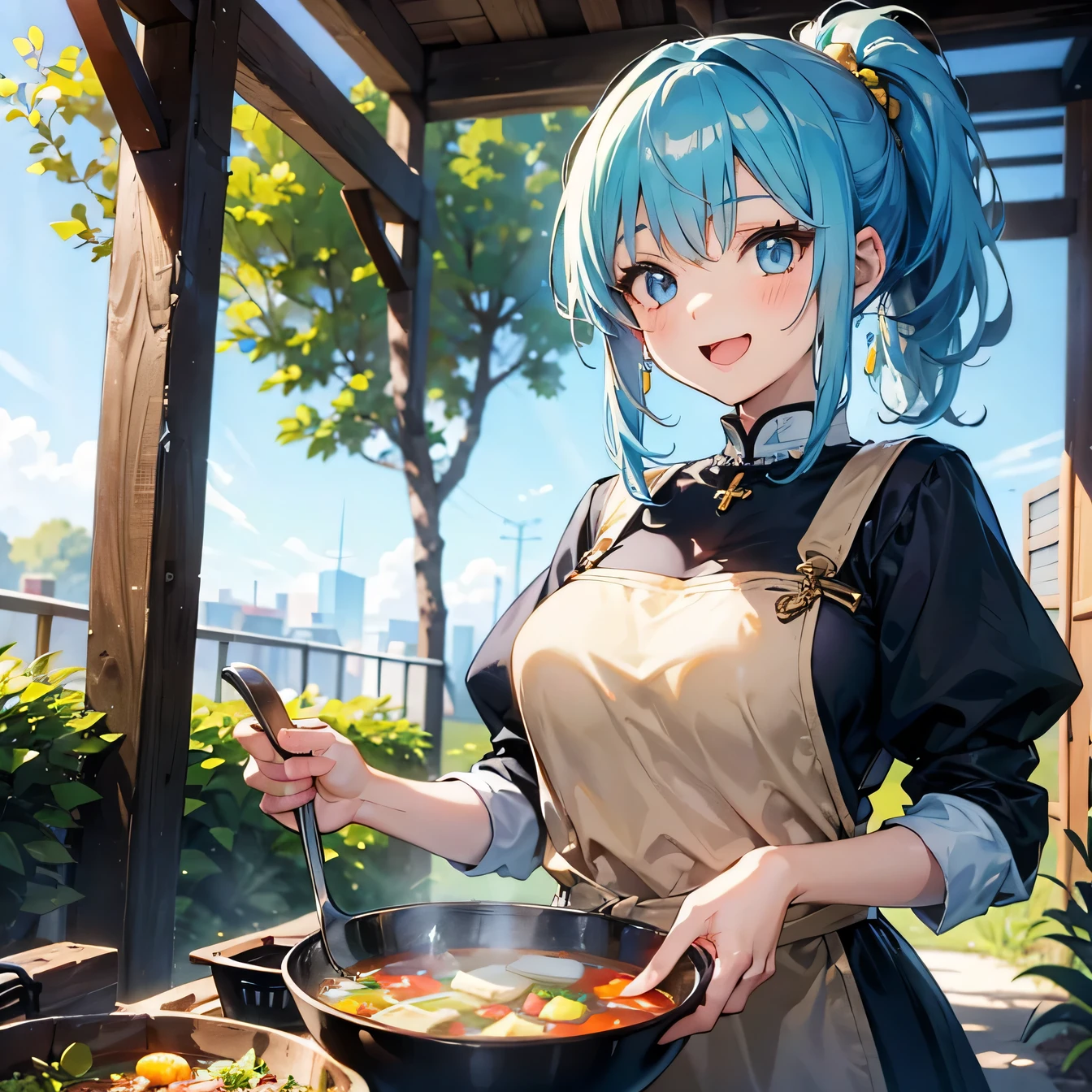 Anime Moe Art Style,highest quality,High resolution,Anatomically correct,One Girl,Mid-teens,A girl with light blue hair in a ponytail,Super detailed,Fantasy-style world,Sister,Monastic uniform,Big Breasts,Bright smile,Laughing with your mouth open,Outdoor,garden,Serving soup kitchen to believers,Eyes drawn in detail,Gold Rosary,8K