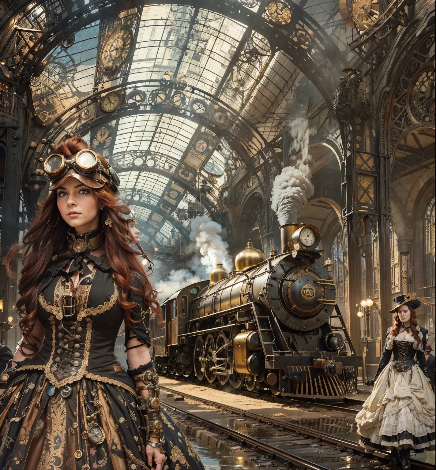 Setting: A bustling steampunk train station, filled with billowing steam, intricate metal contraptions, and docking trains. Passengers in elaborate goggles and aviator hats mill about, while crews in grease-stained jumpsuits load cargo.
Characters: Two stunning women, each with their own unique steampunk flair. Perhaps one has flowing red hair adorned with gears and wires, another sports goggles with built-in telescopes, and the third has a clockwork prosthetic arm. All two strike a confident pose, their eyes gleaming with a mix of excitement and determination, as they turn towards the camera.
Action: A magnificent steampunk locomotive, unlike any seen before, descends into the trainstation. Its hull gleams with polished brass and copper, adorned with intricate etchings and glowing portholes. Billowing steam erupts from its smokestacks, casting a dramatic silhouette against the sky. The three women watch in awe, a sense of adventure and anticipation etched on their faces.