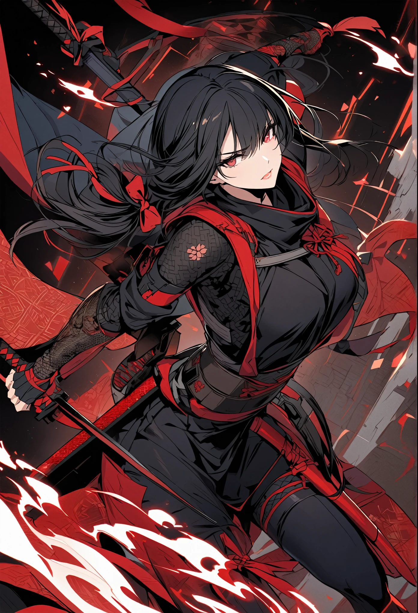 "Create an illustration of a futuristic female ninja with black hair, wearing a detailed and modernized ninja costume and equipped with traditional and technical weapons. She has long black hair tied with a red ribbon and a symbol She must be wearing an advanced black outfit with red accents that include letters. She holds a sword with intricate patterns on the hilt and sheath. The setting is Edo period.