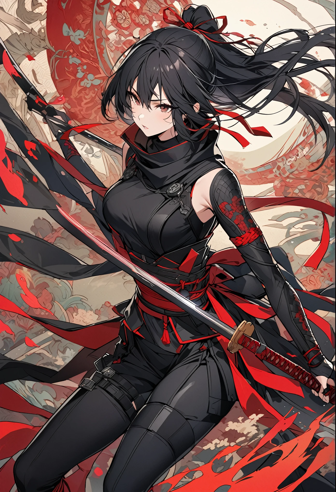 "Create an illustration of a futuristic female ninja with black hair, wearing a detailed and modernized ninja costume and equipped with traditional and technical weapons. She has long black hair tied with a red ribbon and a symbol She must be wearing an advanced black outfit with red accents that include letters. She holds a sword with intricate patterns on the hilt and sheath. The setting is Edo period.