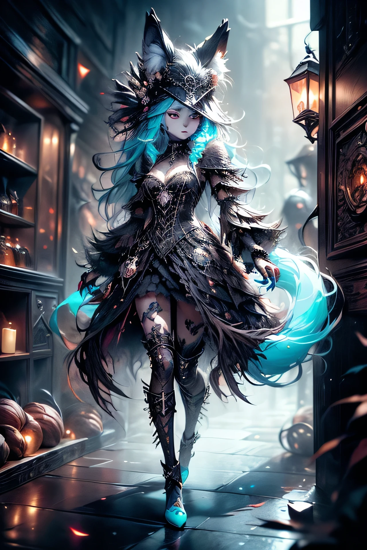 [Best quality, Shaded, extreme detail, highly detailed, ultra detailed, intricate, Realistic, perfect face], wolf woman, full body portrait, full fur, magic fur, full tail, big signal, magic tail, long hair (hair colorful), hat on the head (gothic style), almond-shaped eyes (bright turquoise color), expressive smile, charming face, gothic clothing (dark color with magic skulls), black fur tights, shoes (gothic style high boots ), the scene takes place in a narrow alley with a sinister and dark atmosphere.