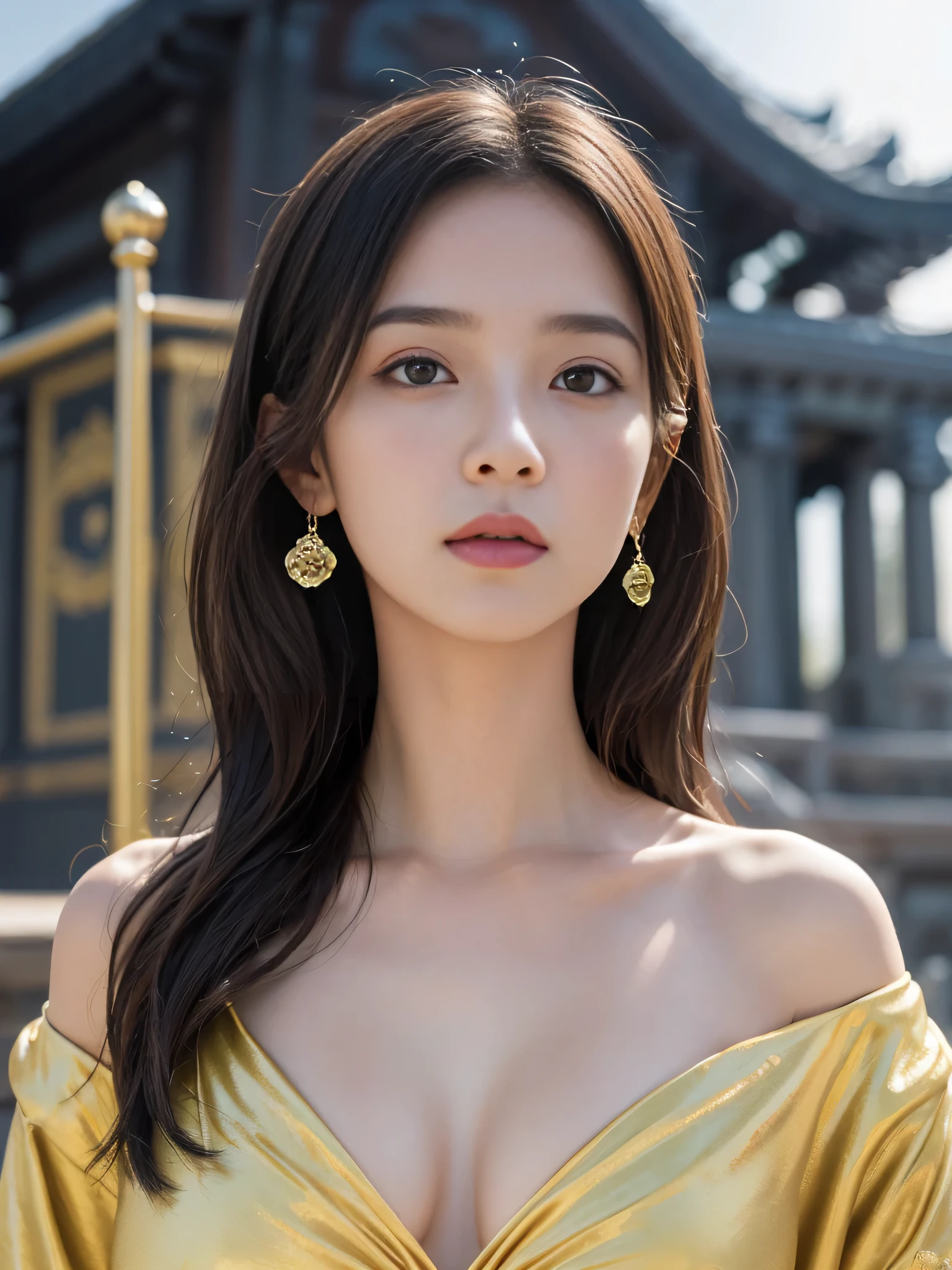 (sfw:2.0),high resolution、Real、8k、23 years old、1 female、Beautiful symmetrical body、Noble golden robe、(A large, vibrant flower tattoo on his chest)、Long Hair、(Enthusiastic:1.1), (young woman:1.1),Big Eyes、Droopy eyes、 sharp, (Upper body portrait:1.5)、(perfect body:1.1), Realistic, True Shadow, 3D, (Temple Background:1.8)、A fleshy body、plump body、Perfect proportions, Two-tone lighting, Low ISO, White balance, Large Diameter, 8K Original, Highly efficient subpixels, Subpixel Convolution, Luminous Particles, Light Scattering, (Graceful features), (Perfect face), Dynamic Angle、((Skeletally correct body))