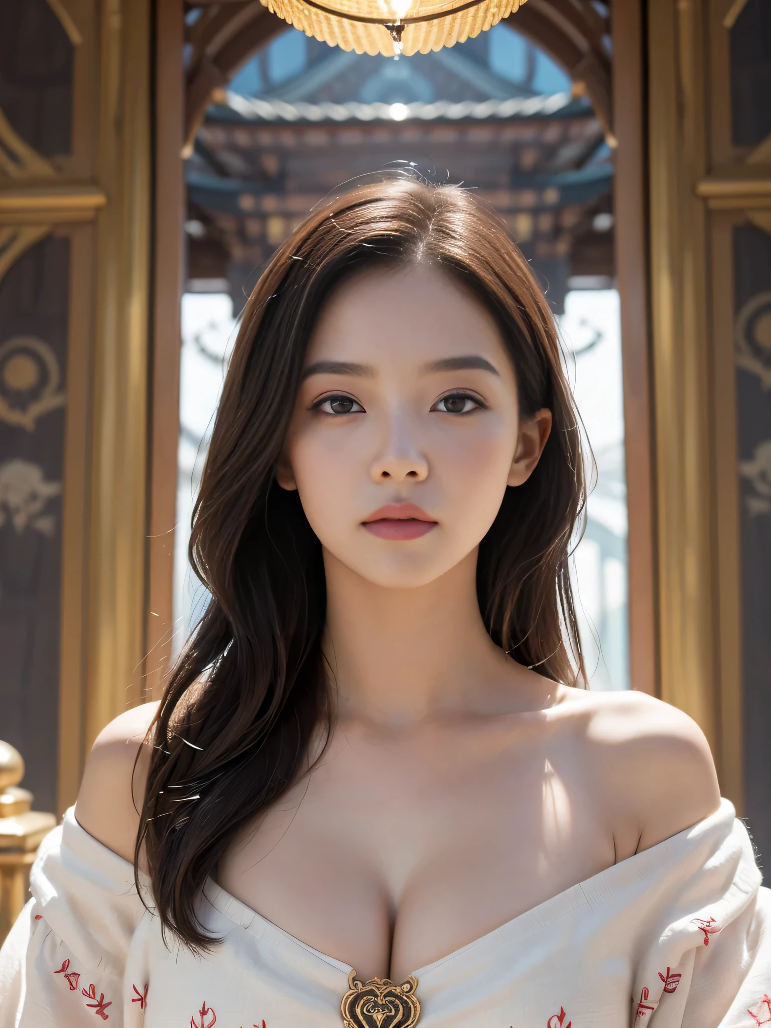 (sfw:2.0),high resolution、Real、8k、23 years old、1 female、Beautiful symmetrical body、Noble golden robe、(A large, vibrant flower tattoo on his chest)、Long Hair、(Enthusiastic:1.1), (young woman:1.1),Big Eyes、Droopy eyes、 sharp, (Upper body portrait:1.5)、(perfect body:1.1), Realistic, True Shadow, 3D, (Temple Background:1.8)、A fleshy body、plump body、Perfect proportions, Two-tone lighting, Low ISO, White balance, Large Diameter, 8K Original, Highly efficient subpixels, Subpixel Convolution, Luminous Particles, Light Scattering, (Graceful features), (Perfect face), Dynamic Angle、((Skeletally correct body))