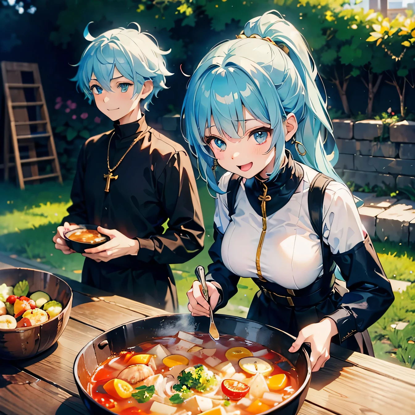 Anime Moe Art Style,highest quality,High resolution,Anatomically correct,One Girl,Mid-teens,A girl with light blue hair in a ponytail,Super detailed,Fantasy-style world,Sister,Monastic uniform,Big Breasts,Bright smile,Laughing with your mouth open,Outdoor,garden,Serving soup kitchen to believers,Eyes drawn in detail,Gold Rosary,8K