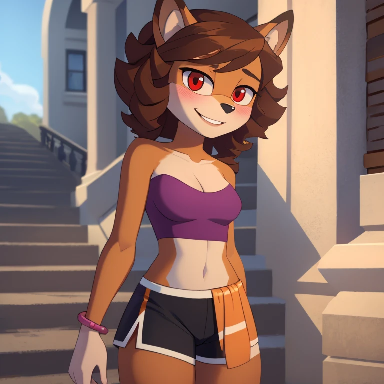 mobian, hedgehog, two-tone fur ((orange fur, brown fur)), pyjama elastic shorts, strapless crop top, cleavage, high-top sneakers, two-tone hair (brown hair, black tip)), curly hair, halo, sunglasses, jewelry, red eyes, longeyelashes, red eyes, smile, shy, blush, high detail, masterpiece, UHD, anatomically correct, super detail, highres, 4K