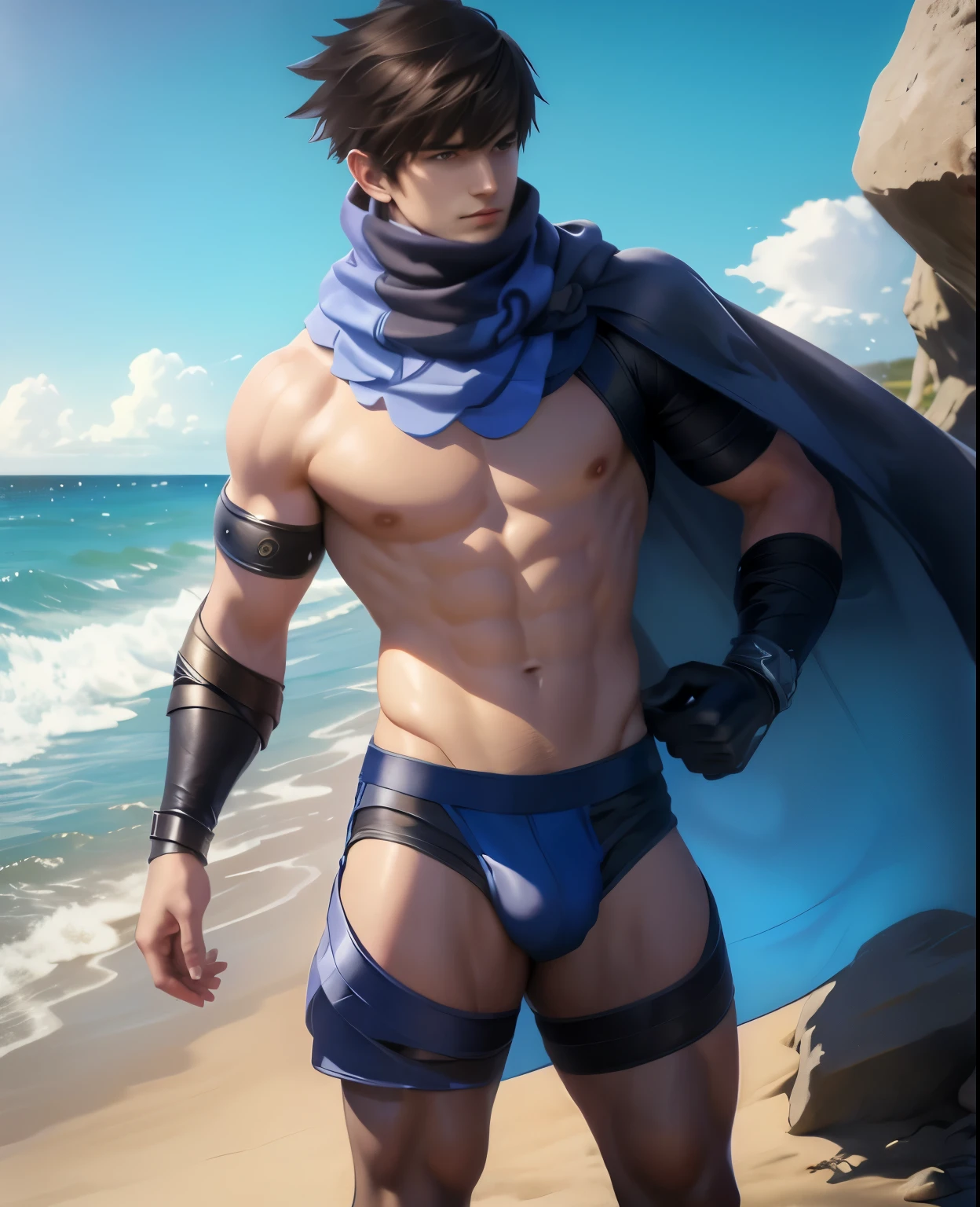 Wearing a blue suit on the beach、Arav male wearing a cloak, murata and artgerm series, Cool anime poses, Heroic masculine pose, Muscle Hero, Extremely detailed artger, High resolution commissions, ! dream art, Tall anime man with blue eyes, Firmware version, Aljem and Genzoman, Male Art, With a cape
