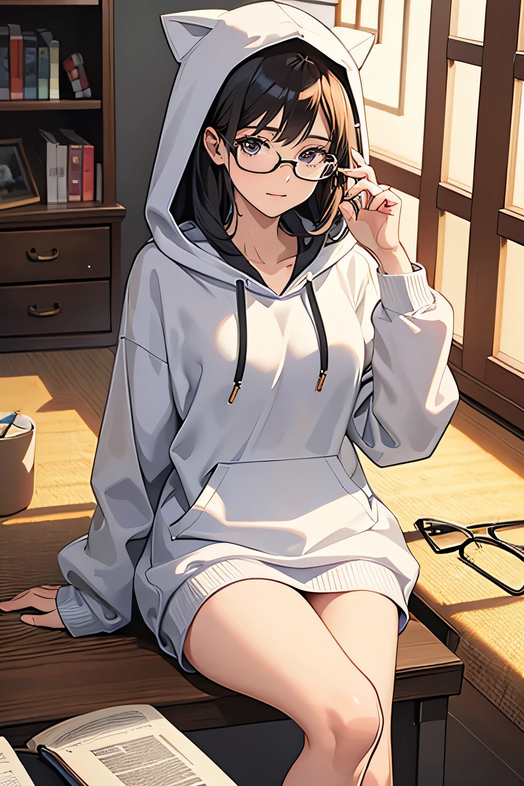 There is a woman sitting cross-legged on the floor.., Wearing glasses, Wearing glasses on, Japanese Model, Wearing glassesいた, a Surreal , Wearing square glasses, Without glasses, A real young gravure idol, Geeky look, Wearing glassesいる, Young Sensual Gravure Idol, Surreal , Yoshitomo Nara, White hoodie, Reading comics,