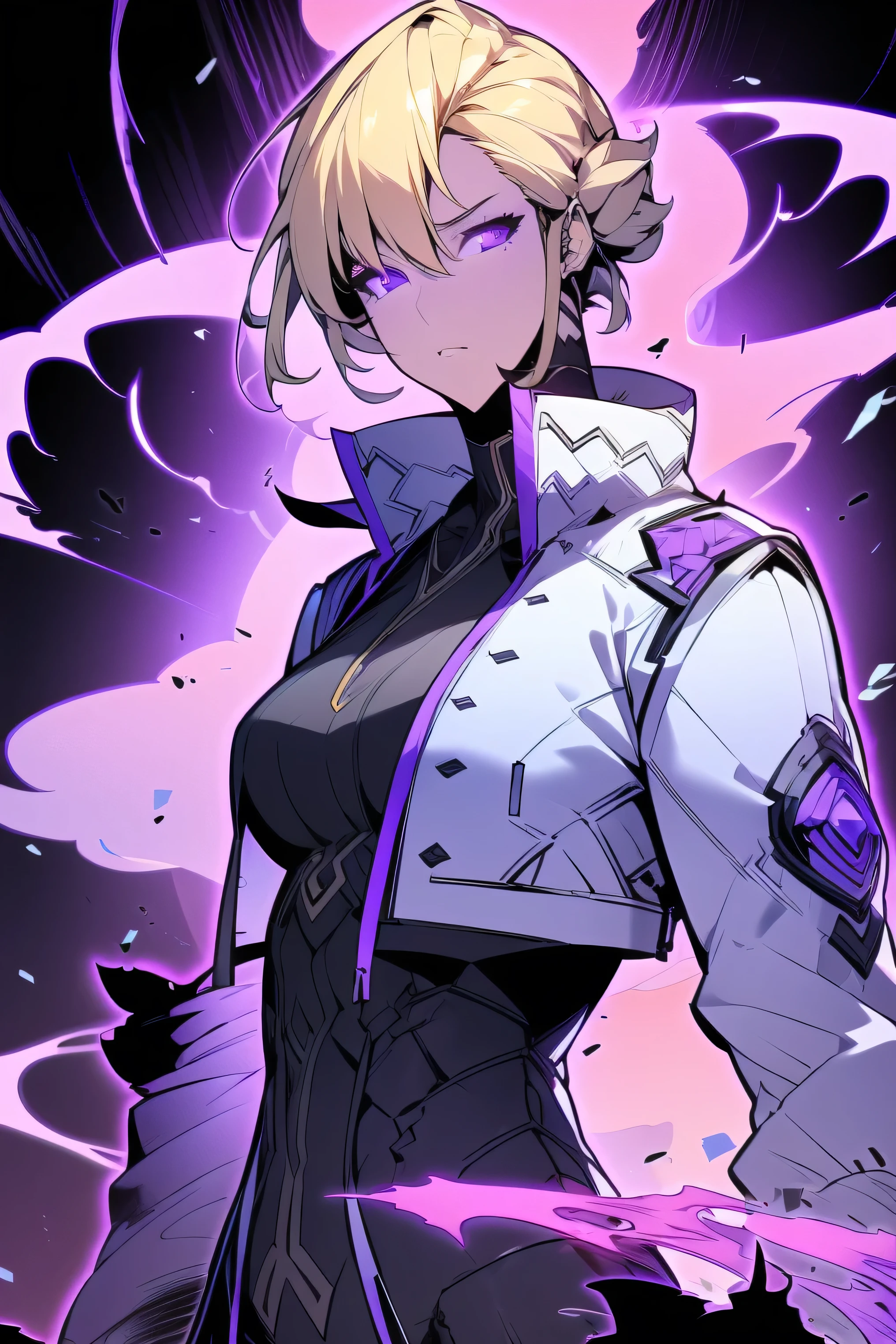 Midly Muscular woman, upperbody, blonde hair like fire, purple eyes, white oversized jacket, black pant, black gloves, intricate pencil sketch, expressive eyes and nose and mouth, un-zoom, highly detailed, flexing