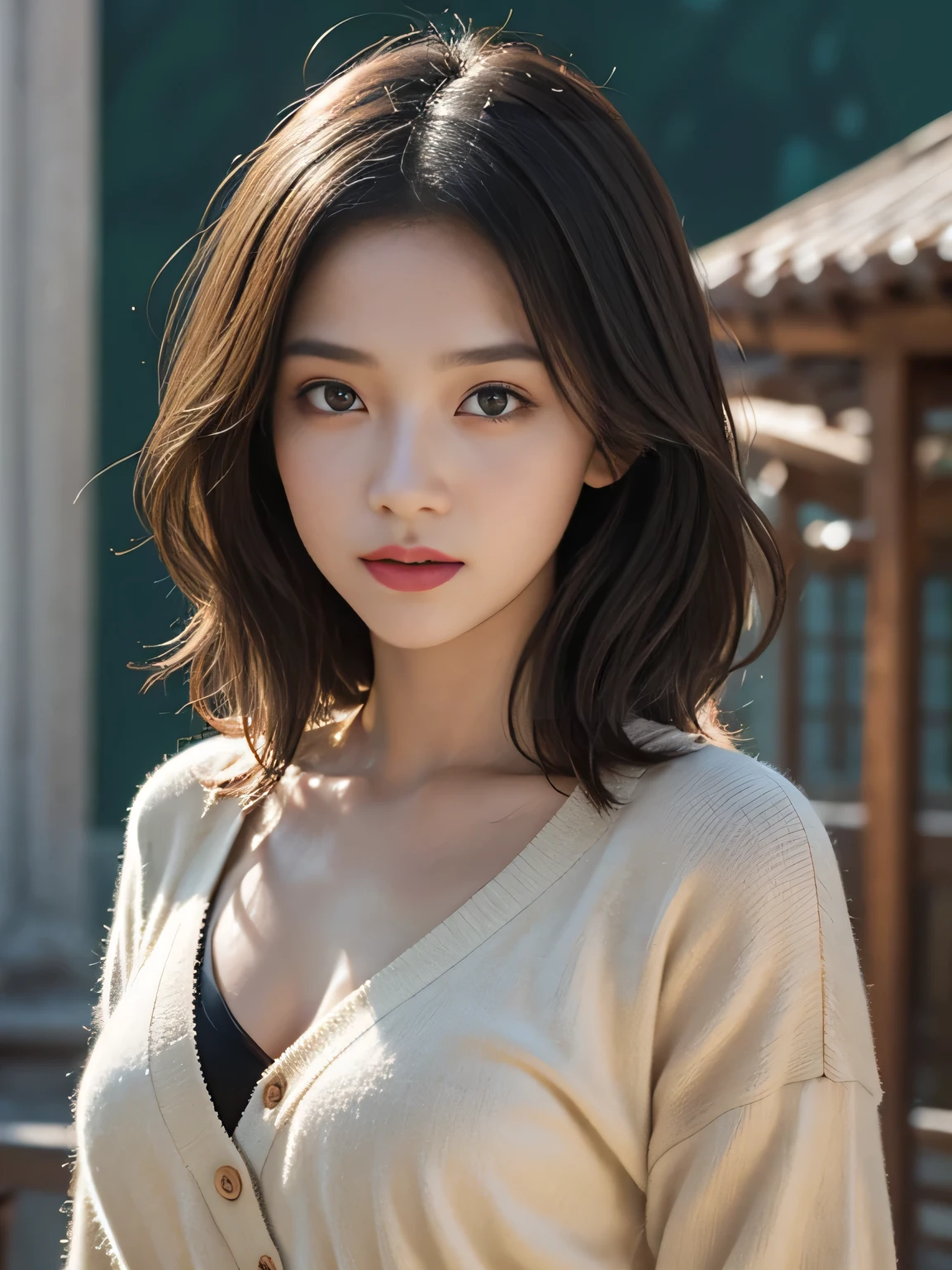 (sfw:2.0),high resolution、Real、8k、23 years old、1 female、Beautiful symmetrical body、Noble golden robe、(A girl with a large vibrant flower tattoo on her chest)、Long Hair、(Enthusiastic:1.1), (young woman:1.1),Big Eyes、Droopy eyes、 sharp, (Upper body portrait:1.5)、(perfect body:1.1), Realistic, True Shadow, 3D, (Temple Background:1.8)、A fleshy body、plump body、Perfect proportions, Two-tone lighting, Low ISO, White balance, Large Diameter, 8K Original, Highly efficient subpixels, Subpixel Convolution, Luminous Particles, Light Scattering, (Graceful features), (Perfect face), Dynamic Angle、((Skeletally correct body))