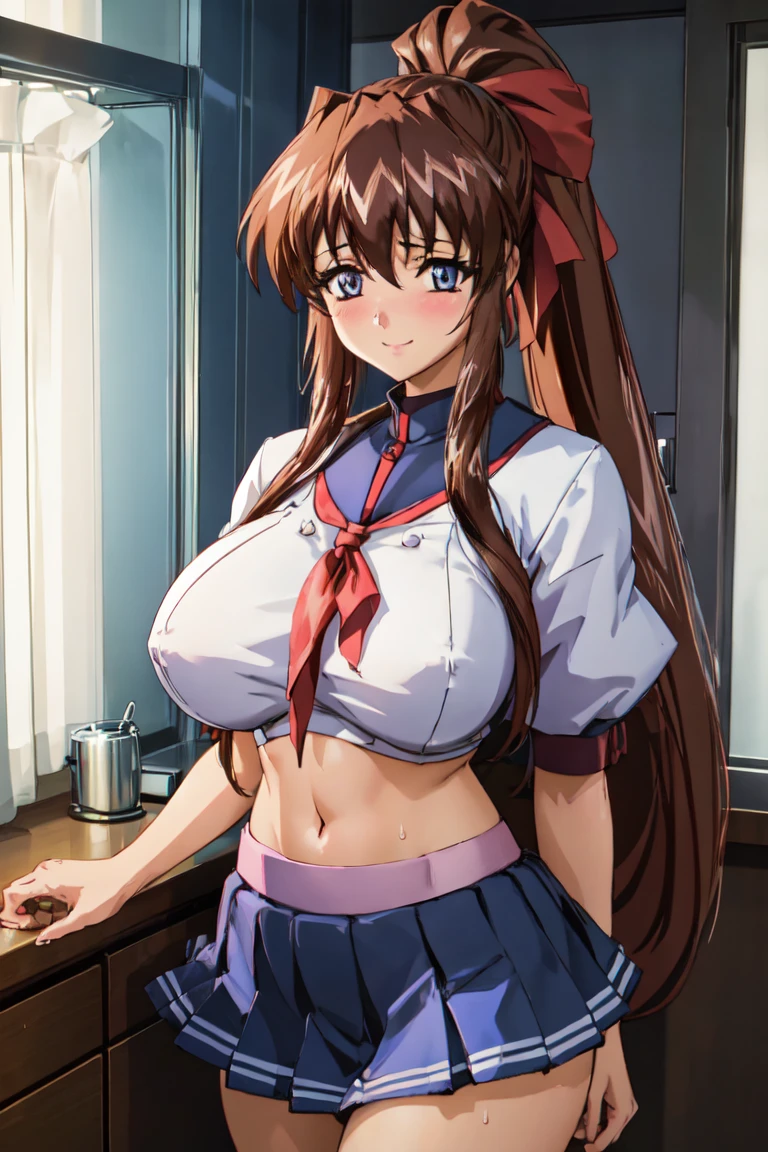 (high quality, High resolution, Fine details, Realistic), BREAK A hotel room with beautiful neon lights, Midnight, Break Solo, Curvy Women, Japanese Sailor Suit, Abdominal area only, skirt, Panty shot, Are standing, ponytail、, Sparkling eyes, (Fine grain), smile, blush, Large Breasts, Sweat, Oily skin, Shallow depth of field