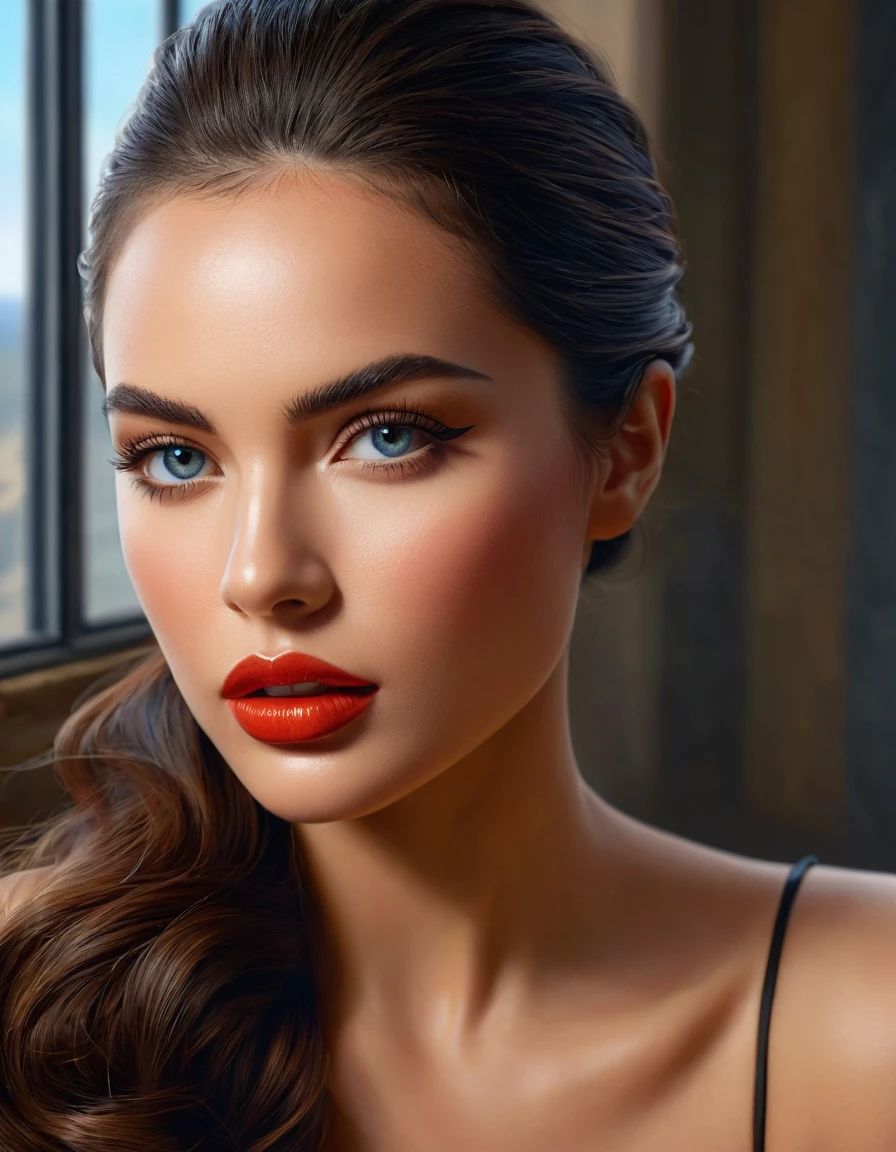 (Melhor qualidade, 4K, 8k, high resolution, obra de arte: 1.2), (super detalhado, realista, Fotorrealista:1.37)Uma jovem cativante, vestindo um conjunto impressionante de vermelho e azul, stands in front of a window with an air of toughness and determination. Her enchanting eyes are exquisitely detailed, capturando cada brilho e profundidade, while her lips boast a meticulous beauty that is both captivating and seductive. The level of detail extends to the entire face, every contour and feature meticulously rendered to perfection, creating a sense of hyperrealism that draws the viewer in.
O traje da , reminiscent of the art of oil painting, it's a work of art in itself. The factory, habilmente trabalhado para se assemelhar a pinceladas vibrantes, adds a touch of dynamism to your overall look. It is a true reflection of the artist's talent, mostrando uma maestria