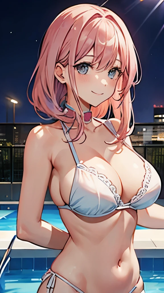 anime、Pink Hair、White bra、big 、night、Pool、one person、Are standing, smile