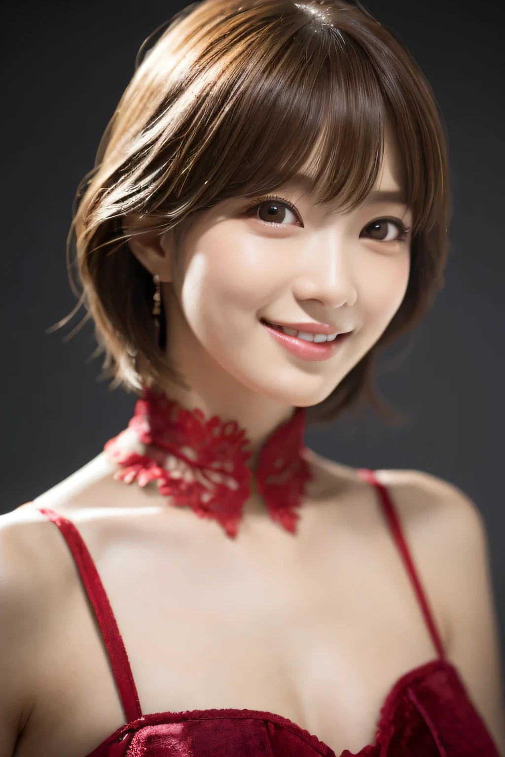 1 girl, (Wearing a red stage costume:1.2), Very beautiful Japanese idol portraits, 
(RAW Photos, highest quality), (Realistic, Realistic:1.4), (masterpiece), 
Very delicate and beautiful, Very detailed, 2k wallpaper, wonderful, finely, Very detailed CG Unity 8K wallpaper, Very detailed, High resolution, Soft Light, 
Beautiful detailed girl, Very detailed目と顔, Beautiful and sophisticated nose, Finely beautiful eyes, Cinema Lighting, 
(Simple light color background:1.3),
(short hair), 
Complete Anatomy, Slender body, Small breasts, smile