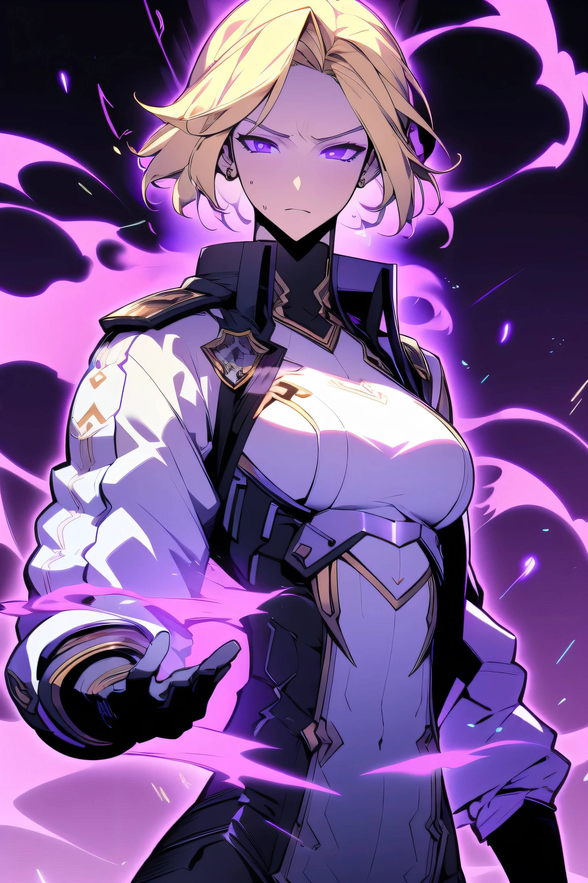 Midly Muscular woman, upperbody, blonde hair like fire, purple eyes, white oversized jacket, black pant, black gloves, intricate pencil sketch, expressive eyes and nose and mouth, un-zoom, highly detailed, flexing