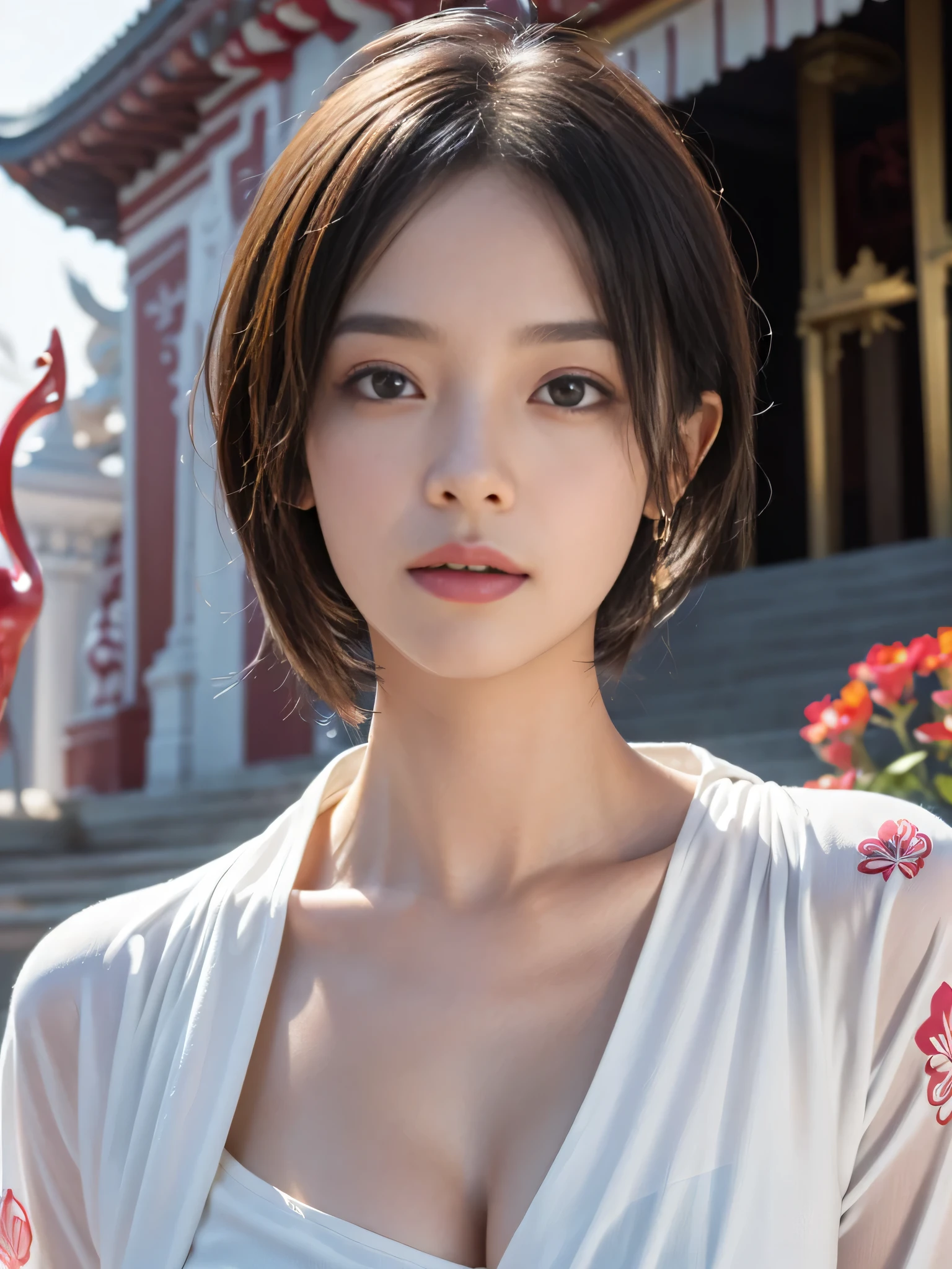 (sfw:2.0),high resolution、Real、8k、23 years old、1 female、Beautiful symmetrical body、Noble golden robe、(A girl with a large vibrant flower tattoo on her chest)、Short Bob Hair、(Enthusiastic:1.1), (young woman:1.1),Big Eyes、Droopy eyes、 sharp, (Upper body portrait:1.5)、(perfect body:1.1), Realistic, True Shadow, 3D, (Temple Background:1.8)、A fleshy body、plump body、Perfect proportions, Two-tone lighting, Low ISO, White balance, Large Diameter, 8K Original, Highly efficient subpixels, Subpixel Convolution, Luminous Particles, Light Scattering, (Graceful features), (Perfect face), Dynamic Angle、((Skeletally correct body))