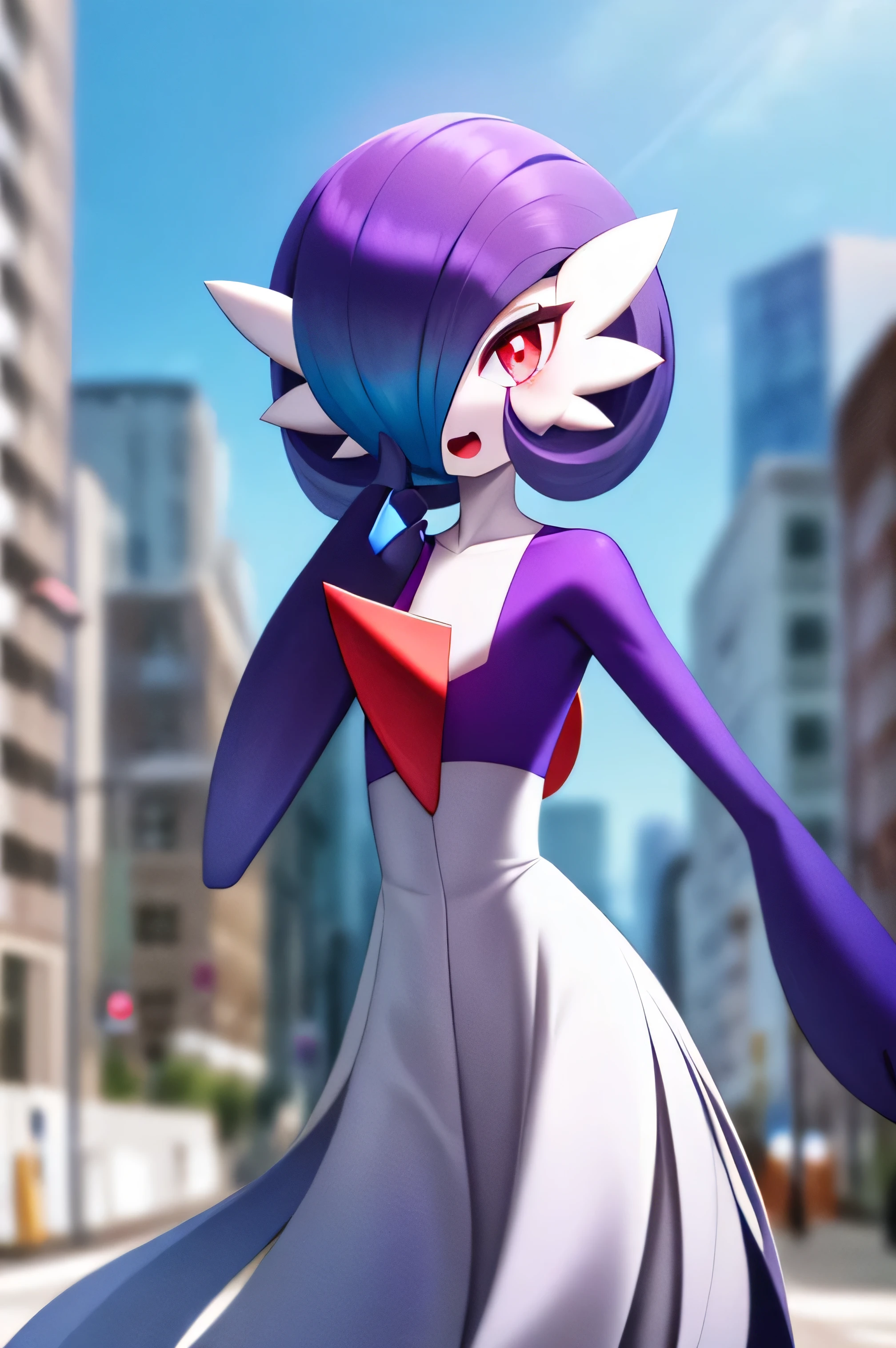 Masterpiece, best quality, 1 girl, solo, gardevoir, white dress, creatures \(company\), freak game, Nintendo, pokemon, pokemon \(game\), punches, colored skin, female focus, flat chest, Pokémon generation 3, dark purple hair, faded hair, dark purple skin, hair over one eye, multi-colored skin, pokemon \(creature\), red eyes, black pupil, short hair, two-tone skin, white skin, vial cone in head, city backgrounds, standing smile, open mouth