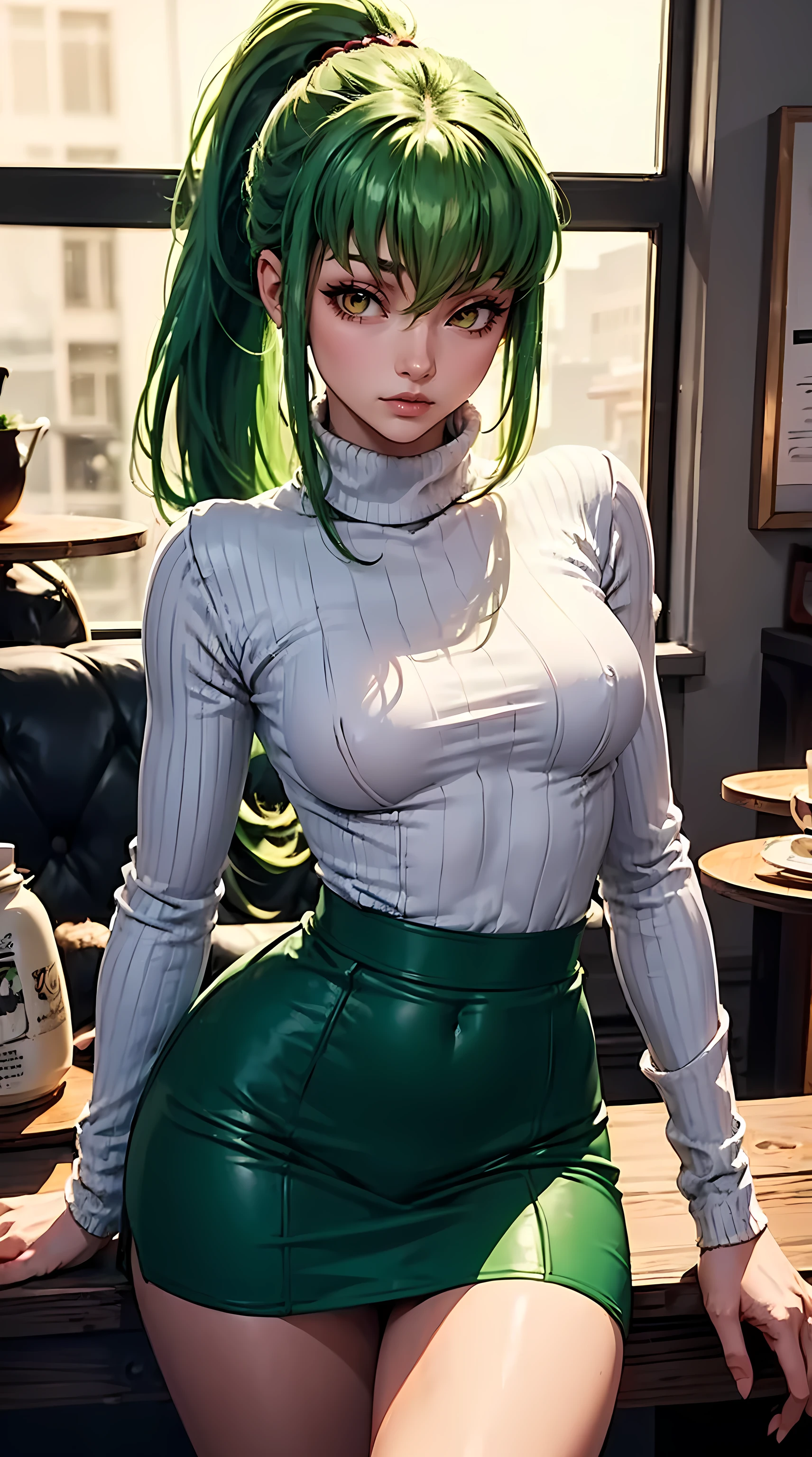 Beautiful green hair girl is shown to have a slender figure, she is wearing a nsfw turtleneck sweater and cute skirt, high socks,, choker, sexy look, ponytail, yellow eyes, girl in a coffee shop ,sexy session, sexy pose, cowboy shot, superior quality, many details, realistic