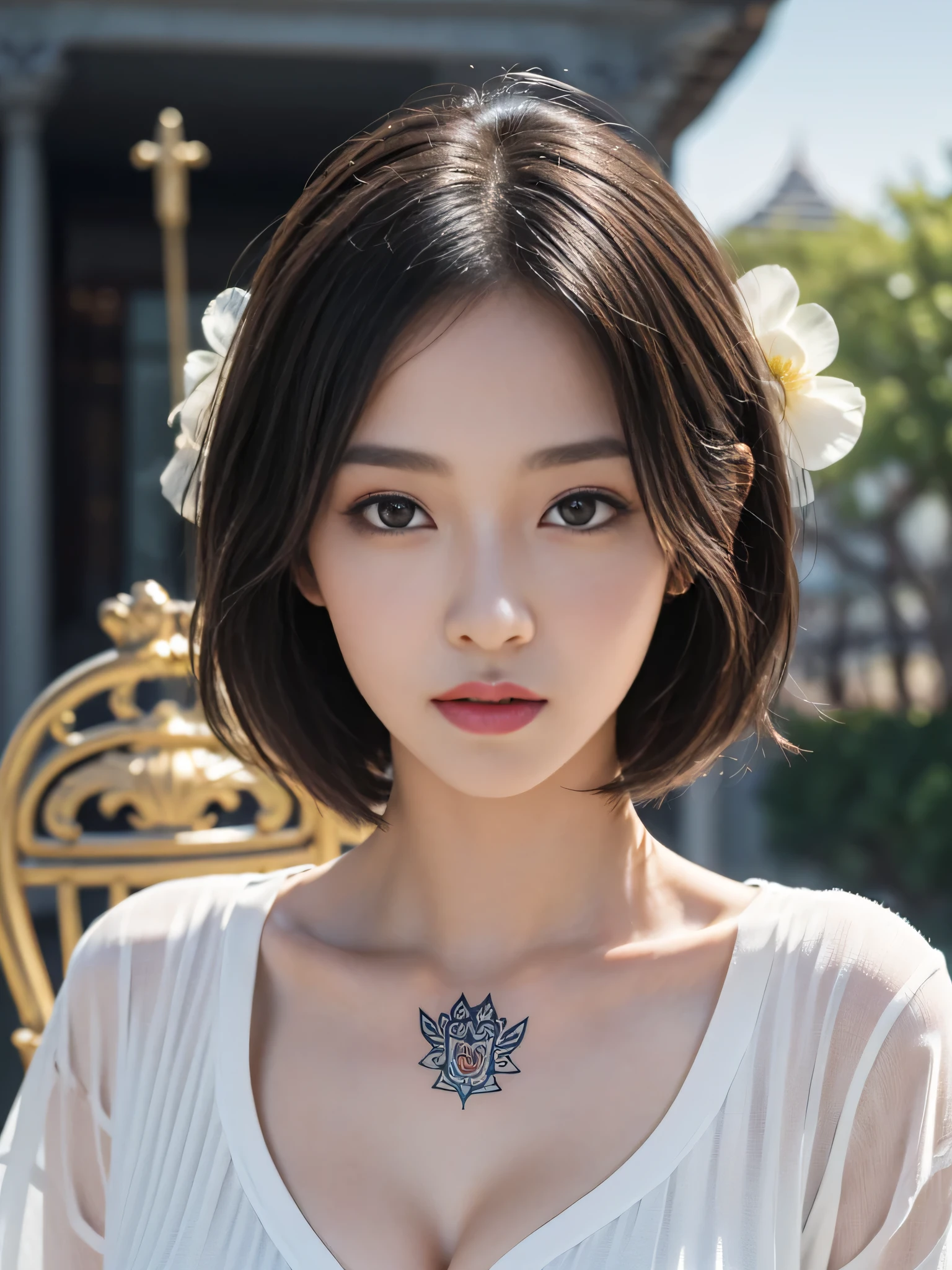 (sfw:2.0),high resolution、Real、8k、23 years old、1 female、Beautiful symmetrical body、Noble golden robe、(A girl with a large vibrant flower tattoo on her chest)、Short Bob Hair、(Enthusiastic:1.1), (young woman:1.1),Big Eyes、Droopy eyes、 sharp, (Upper body portrait:1.5)、(perfect body:1.1), Realistic, True Shadow, 3D, (Temple Background:1.8)、A fleshy body、plump body、Perfect proportions, Two-tone lighting, Low ISO, White balance, Large Diameter, 8K Original, Highly efficient subpixels, Subpixel Convolution, Luminous Particles, Light Scattering, (Graceful features), (Perfect face), Dynamic Angle、((Skeletally correct body))