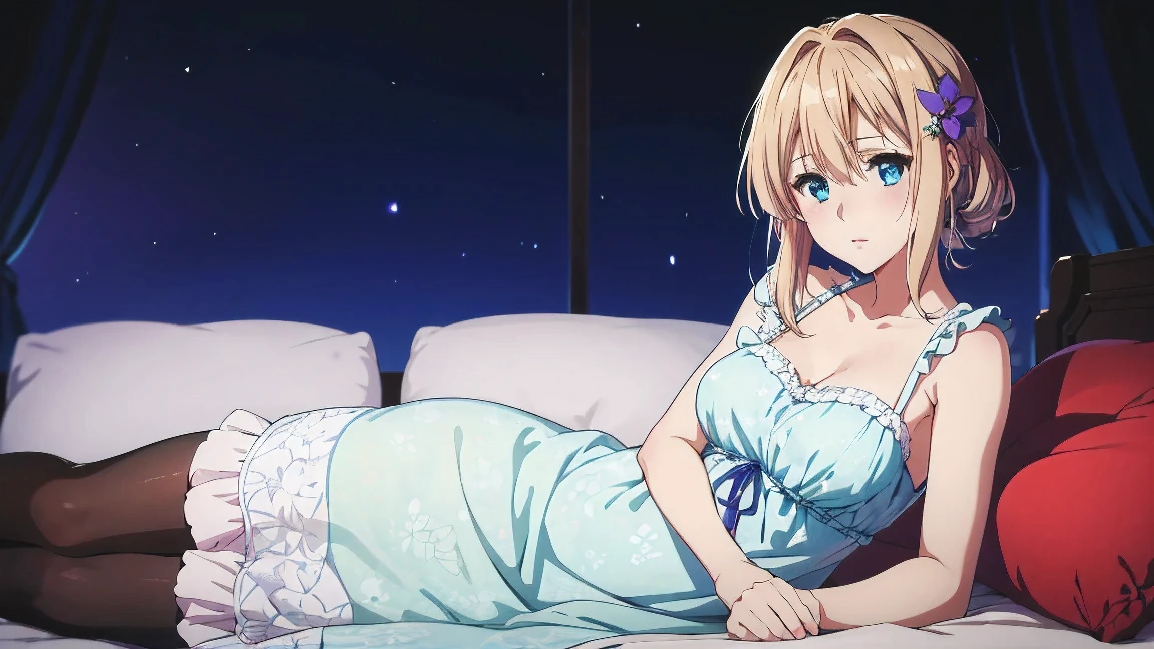 saber artoria pendragon (green-blue eyes:1.7), long blonde hair (small chest:1.2), raised arms BREAK collarbone, very short and low-cut wedding dress with white stockings, bare arms, bare shoulders, bare thighs BREAK looking at viewer, BREAK indoors, BREAK (masterpiece:1.2), best quality, high resolution, unity 8k wallpaper, lying on bed with arms up (illustration:0.8), (beautiful detailed eyes:1.6), extremely detailed face, perfect lighting, extremely detailed CG, (perfect hands, perfect anatomy),