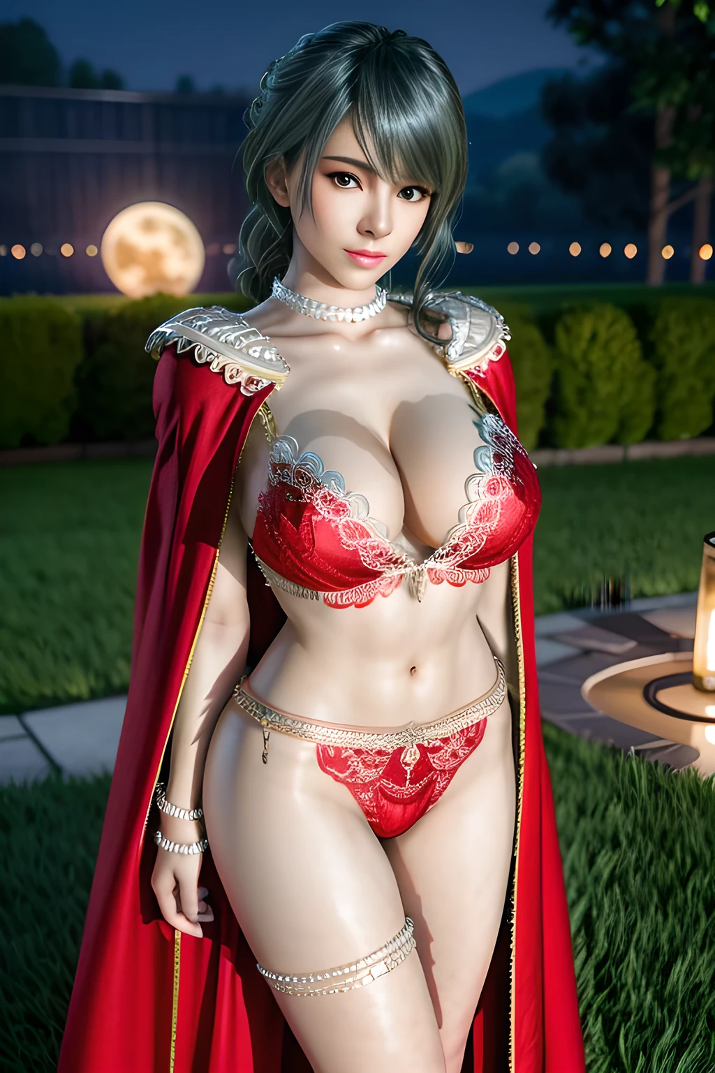 1 girl,lean over WINK,(Wearing Wedding Dress:1.2) ,(Wearing Jewel:1.2) ,( red lace_cloak:1.3),(Fluffs :1.4),(pearl bodychain:1.3),garden,nighttime,moon,( huge breasts ),cleavage,shiny skin,lip gloss,tattoos, masterpiece, best quality, realistic ,Surrealism,Rich artistic colors,natural colors art in 8k,3D,Portrait art,solo, tamaki