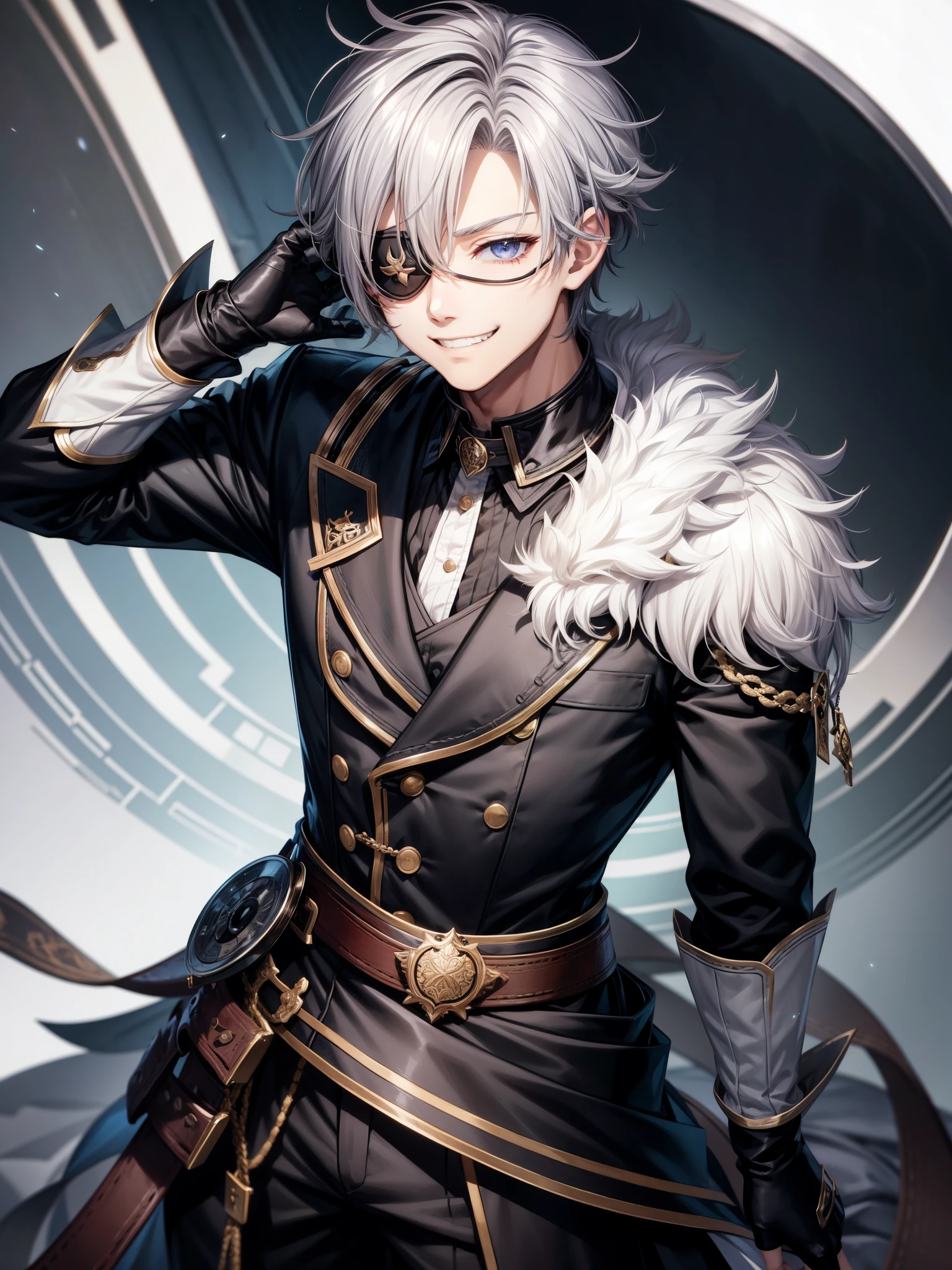 Waist Up、Pause、Adult male、Ruffled collar、Grin、Eye patch、Gray Hair、1 boy、Men&#39;s Center、solo、One-strand braid、Hair between the eyes、White Top Hat、Red gloves、night、full moon、rose、thorn、courtyard、Depth of written boundary、