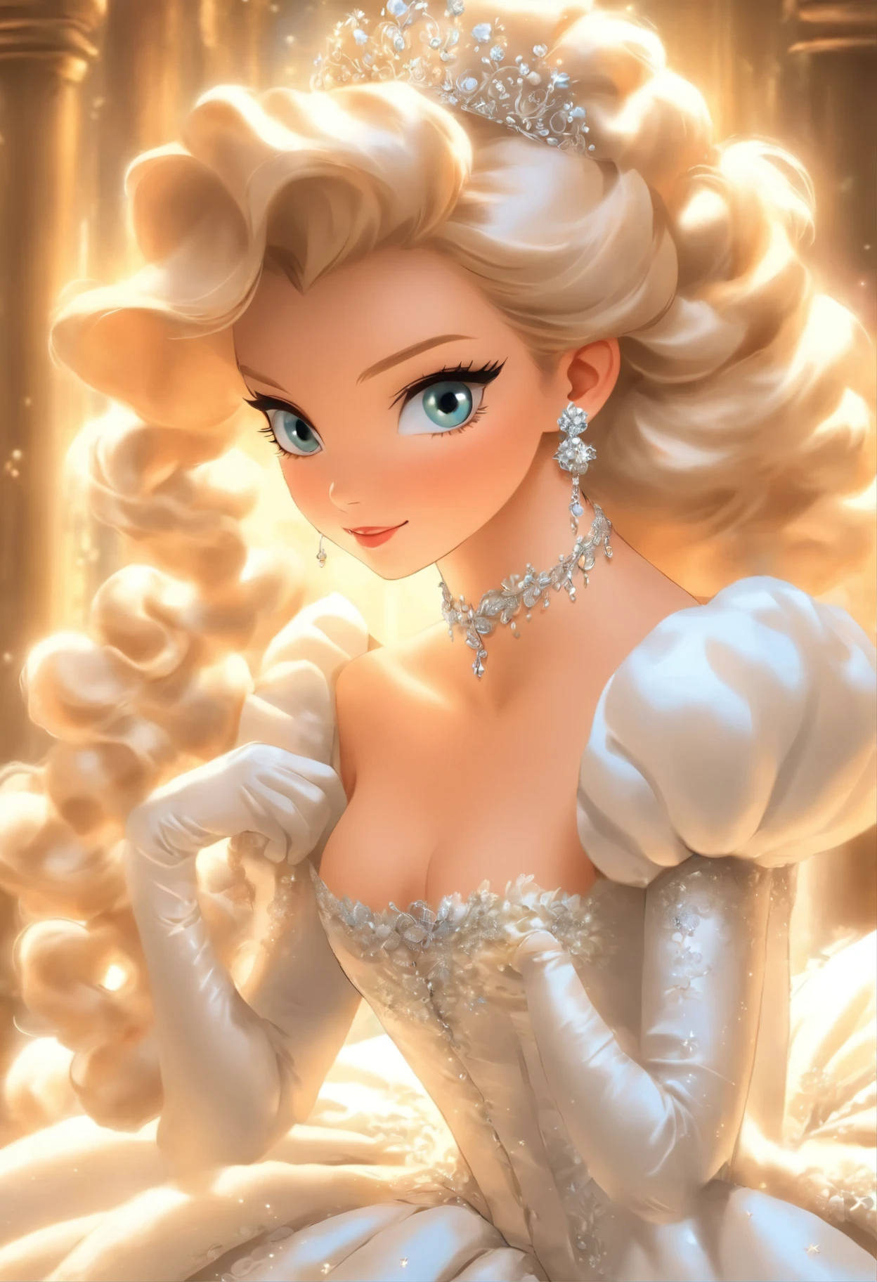 A stunningly beAutiful blonde fAirytAle Princess Greer GrAmmer shining and RoyAl Pomp And RegAl Splendor, weAring A StAtely And (((ElAborAte))) RoyAl CinderellA BAllgown of Silver And White BrocAde, and (((Huge puff sleeves))) A stiffly boned, pAdded And corseted bodice, An hourglAss wAist, A (((Huge petticoat))) And (((busy))), Adorned and ribbons, bow, Rose, lAce, Ruffles, decorate, embroidery, And jewels, elAborAtely curled And styled hAir, long white gloves, peArl And diAmond necklAce And eArrings