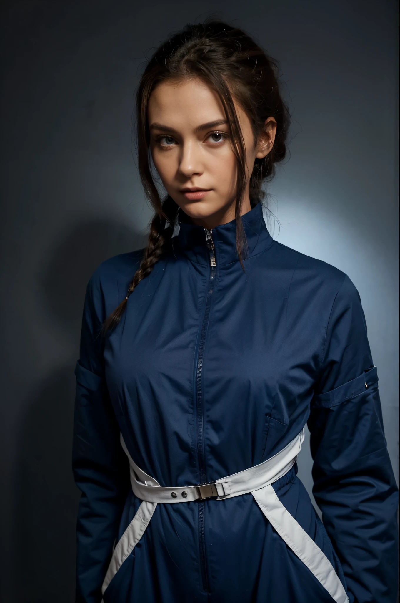 Create a character who is wearing a long-sleeved dark blue jumpsuit. This jumpsuit has several pockets because it is used by a doctor and needs to place his equipment. This jumpsuit has an elastic waist and on the left chest there is a cross with 6 red points inside a white circle that has an orange border.. Esse personagem tem uma cara bem feliz
