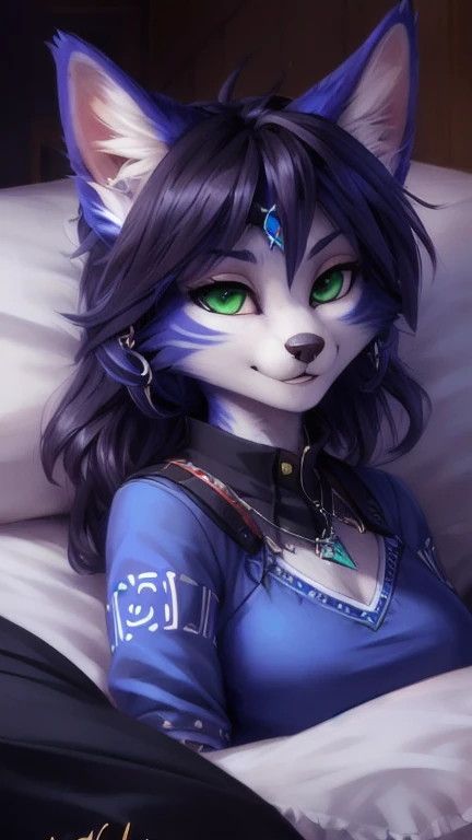A beautiful and detailed (sweet portrait) von ((Krystal)), Sternenfuchs Krystal, Schlank, liebenswert, green eyes, medium breasts, (((Lange blaue Haare 1.3))),  ((schwarze haarspitzen)), Dekollete, Grinsen, hoch schauen,, anthro, Pelzig, Hochgeladen E621, detailed flauschige fur, (von Fluff-Kevlar, Bayard Wu, personalami, Pino Daeni), detailliertes Gesicht, (flauschige), 1 girl, Allein, auf einem bett liegend, alltagskleidung, heller pullover 1.3, schwarze hose, fernsehen