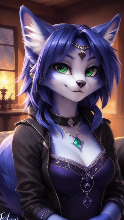 A beautiful and detailed (sweet portrait) von ((Krystal)), Sternenfuchs Krystal, Schlank, liebenswert, green eyes, medium breasts, (((Lange blaue Haare 1.3))), ((schwarze haarspitzen)), Dekollete, Grinsen, hoch schauen,, anthro, Pelzig, Hochgeladen E621, detailed flauschige fur, (von Fluff-Kevlar, Bayard Wu, personalami, Pino Daeni), detailliertes Gesicht, (flauschige), 1 girl, Allein, auf einem bett liegend, alltagskleidung, heller pullover 1.3, schwarze hose, fernsehen