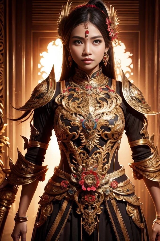 A girl wearing an Indonesian-style futuristic outfit，It embodies cultural integration and modern fashion. The suit is decorated with intricate patterns and bright colors, Showcasing Indonesia’s rich cultural heritage. The girl stood confidently，Strike a dynamic pose, Her meticulous eyes reflect determination and curiosity. The material of this suit is a combination of traditional textiles and future synthetic fibers, Giving it a unique and edgy look. Overall image quality is of the highest standard, Sharp focus，Detail rendering. This artwork uses physically based rendering techniques, Produces realistic lighting and shadows. Bright colors, Capturing the essence of Indonesian cultural aesthetics. The background combines modern architecture and traditional elements, Creating a fusion of the past and the future. The theme explores the intersection of Indonesian culture, Futuristic design, And the artistic image of a confident girl.