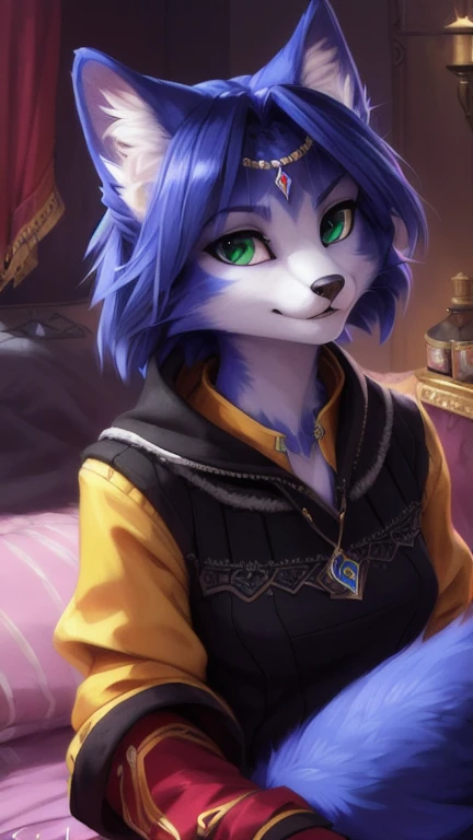 A beautiful and detailed (sweet portrait) von ((Krystal)), Sternenfuchs Krystal, Schlank, liebenswert, green eyes, medium breasts, (((Lange blaue Haare 1.3))), ((schwarze haarspitzen)), Dekollete, Grinsen, hoch schauen,, anthro, Pelzig, Hochgeladen E621, detailed flauschige fur, (von Fluff-Kevlar, Bayard Wu, personalami, Pino Daeni), detailliertes Gesicht, (flauschige), 1 girl, Allein, auf einem bett liegend, alltagskleidung, heller pullover 1.3, schwarze hose, fernsehen