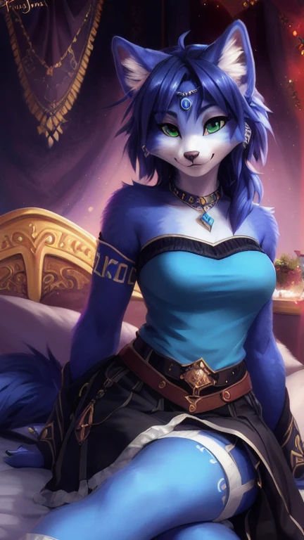 A beautiful and detailed (sweet portrait) von ((Krystal)), Sternenfuchs Krystal, Schlank, liebenswert, green eyes, medium breasts, (((Lange blaue Haare 1.3))), ((schwarze haarspitzen)), Dekollete, Grinsen, hoch schauen,, anthro, Pelzig, Hochgeladen E621, detailed flauschige fur, (von Fluff-Kevlar, Bayard Wu, personalami, Pino Daeni), detailliertes Gesicht, (flauschige), 1 girl, Allein, auf einem bett liegend, alltagskleidung, heller pullover 1.3, schwarze hose, fernsehen