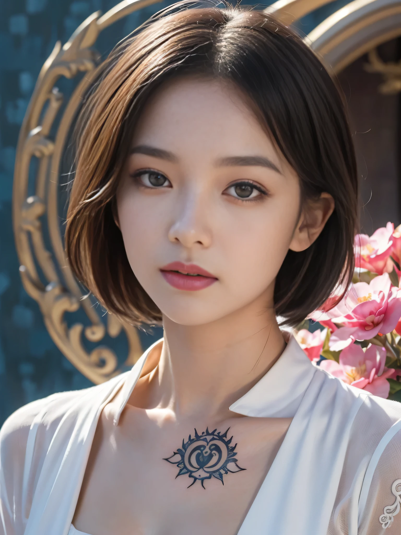 (sfw:2.0),high resolution、Real、8k、23 years old、1 female、Beautiful symmetrical body、Noble golden robe、(A girl with a large vibrant flower tattoo on her chest)、Platinum short hair、(Enthusiastic:1.1), (young woman:1.1),Big Eyes、Droopy eyes、 sharp, (Upper body portrait:1.5)、(perfect body:1.1), Realistic, True Shadow, 3D, (Temple Background:1.8)、A fleshy body、plump body、Perfect proportions, Two-tone lighting, Low ISO, White balance, Large Diameter, 8K Original, Highly efficient subpixels, Subpixel Convolution, Luminous Particles, Light Scattering, (Graceful features), (Perfect face), Dynamic Angle、((Skeletally correct body))