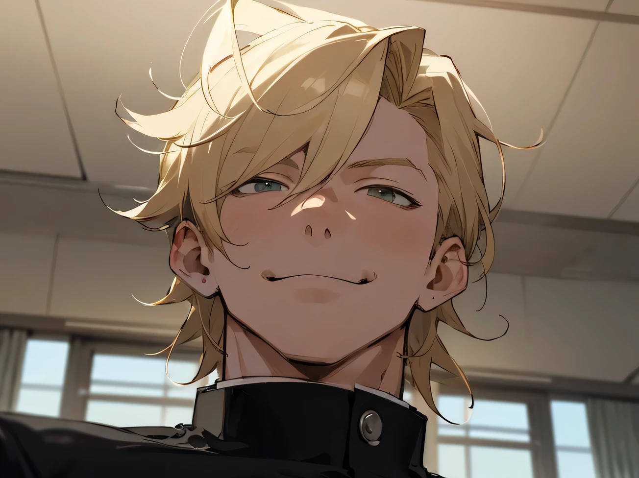 masterpiece,Upper Body,Face close-up,One male,20th Generation,Sharp focus,smirk,Blonde,top hair,Horny,gakuran,Angle from below,Background classroom