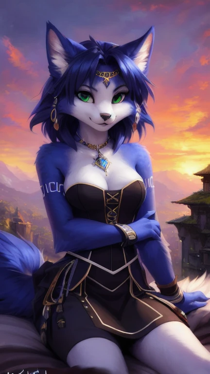 A beautiful and detailed (sweet portrait) von ((Krystal)), Sternenfuchs Krystal, Schlank, liebenswert, green eyes, medium breasts, (((Lange blaue Haare 1.3))),  ((schwarze haarspitzen)), Dekollete, Grinsen, hoch schauen,, anthro, Pelzig, Hochgeladen E621, detailed flauschige fur, (von Fluff-Kevlar, Bayard Wu, personalami, Pino Daeni), detailliertes Gesicht, (flauschige), 1 girl, Allein, auf einem bett liegend, alltagskleidung, heller pullover 1.3, schwarze hose, fernsehen