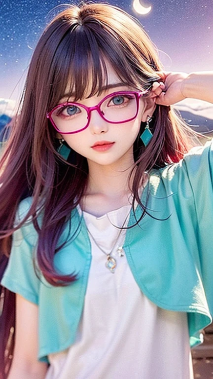 Glasses、Turquoise eyes、(highest quality, masterpiece), One girl, Pause, particle, Wind, flower, Upper Body, Simple Background, View your viewers, , Milky Way,smile、(See-through、pink、blouse)mysterious、(Silver Long Hair、Some have red hair)、Earrings、Twin taililky way、Crescent Moon