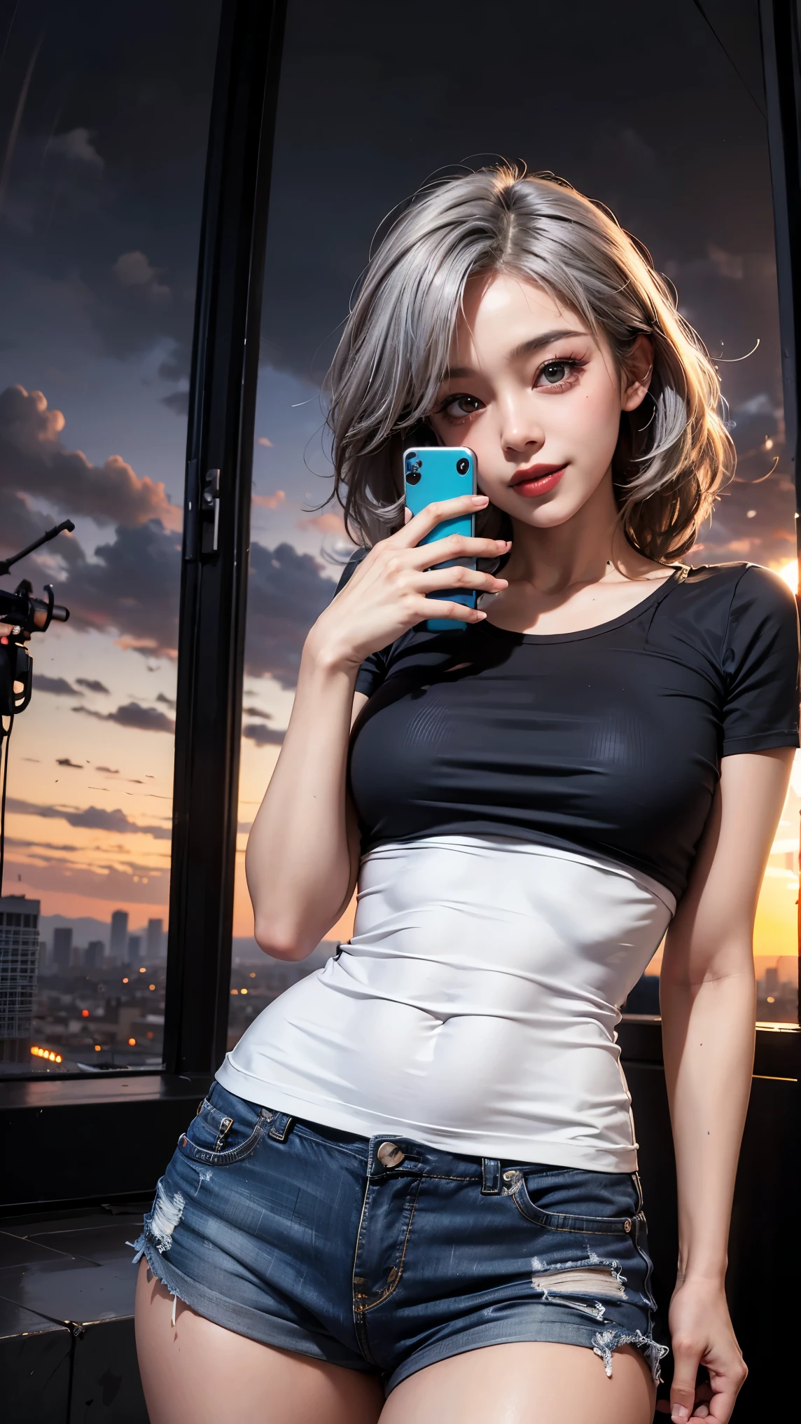 xxmixgirl,One girl, Fisheye Lens, Selfie, Wind, Messy Hair, sunset, Cityscape, (Aesthetics and atmosphere:1.2), Gray Hair,smile, Film Girl, Short top shirt, Chest wide open,