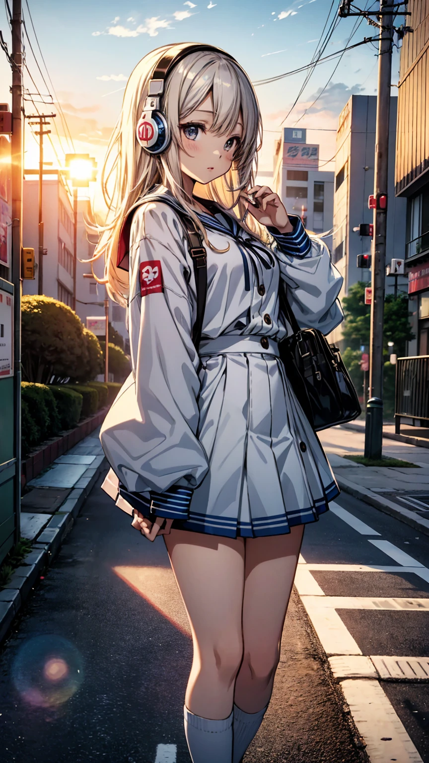 masterpiece, highest quality, Movie stills, One Woman, Cloud Girl,Wearing headphones:1.5、Tokyo, Walking while listening to music, bright, Happy, Warm and soft lighting, sunset, (spark:0.7)、City Popスタイル1.0、アニメの女の子 with headphones walking down the street in a , Beautiful Mature , Sailor suit、uniform、Beautiful girl model,expensive,Manga illustration, Illustrated ,, Young Anime Girl, Shibuya Ward Building District、Blurred Background、City Pop、whole body、Cowboy Shot、nostalgia、manga cover、Enlarge the subject、mini skirt、Knee-high socks、Headphones 1.1