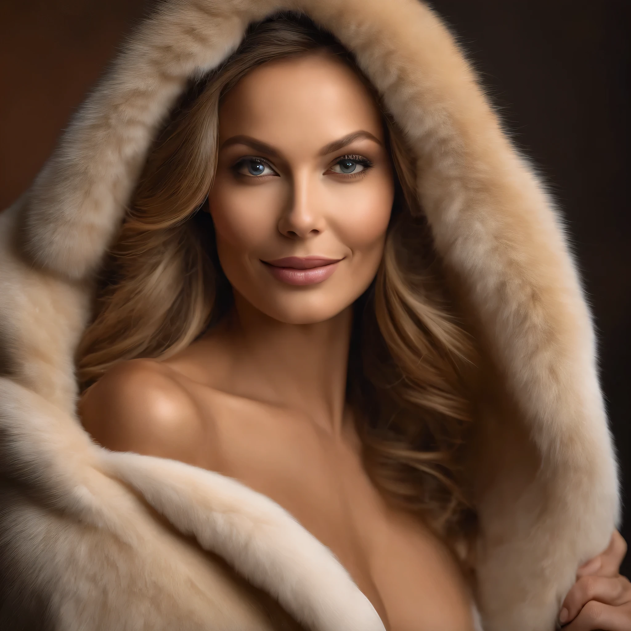 35 ans,(Une MILF:1.2), visage rond, un regard captivant, yeux verts, cheveux blonds,A very wide and very thick, very short sand mink fur coat, fifty centimeters thick, duveteux, naturel, with an ultra thick white and sand mink fur collar, three layers, souriante, fully nude front view, bare shoulders, and two large breast discovered by the fur, Ornella Muti jeune, Detailed wrinkles (8K, high resolution, Ultra-quality, A quality of&#39;image ultra élevée, ultrarealistic, best quality:1.2) (gros seins en bonnet D:1.1), eyes visible through the hair, with silver gray hair, bobbed hair, Bonne position des yeux, cinematic light, Soft light, lombes, la nuit, detailed color background, Convoluted, Very detailed, 8K, Overall Silhouette, posant professionnellement sur un canapé penthouse, En regardant directement la caméraUne photo d&#39;une femme souriante Nikon D850, objectif 85 mm