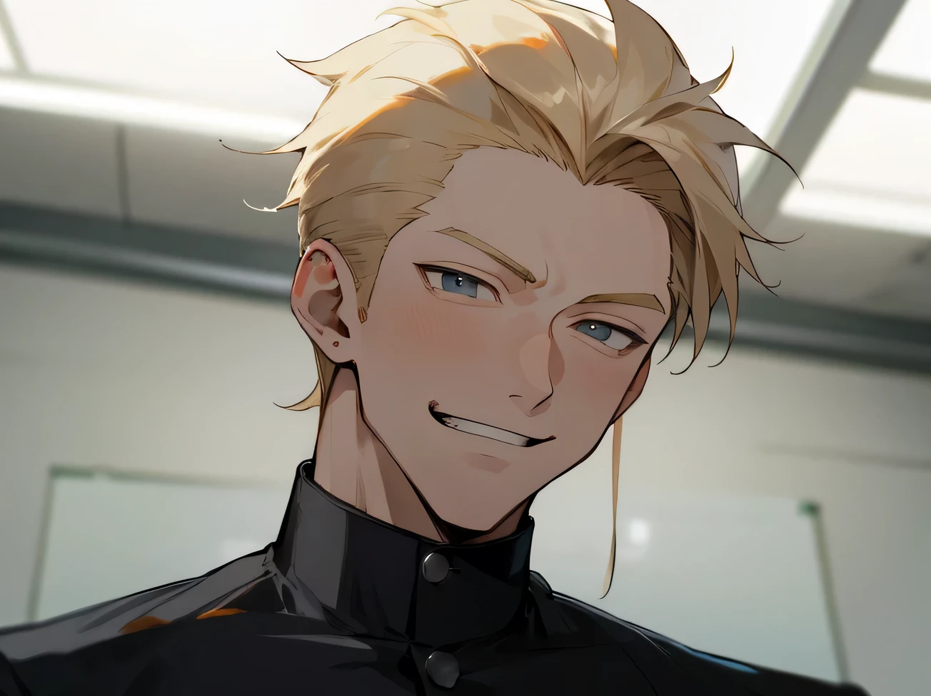 masterpiece,Upper Body,Face close-up,One male,20th Generation,Sharp focus,smirk,Blonde,top hair,Horny,gakuran,Angle from below,Background classroom