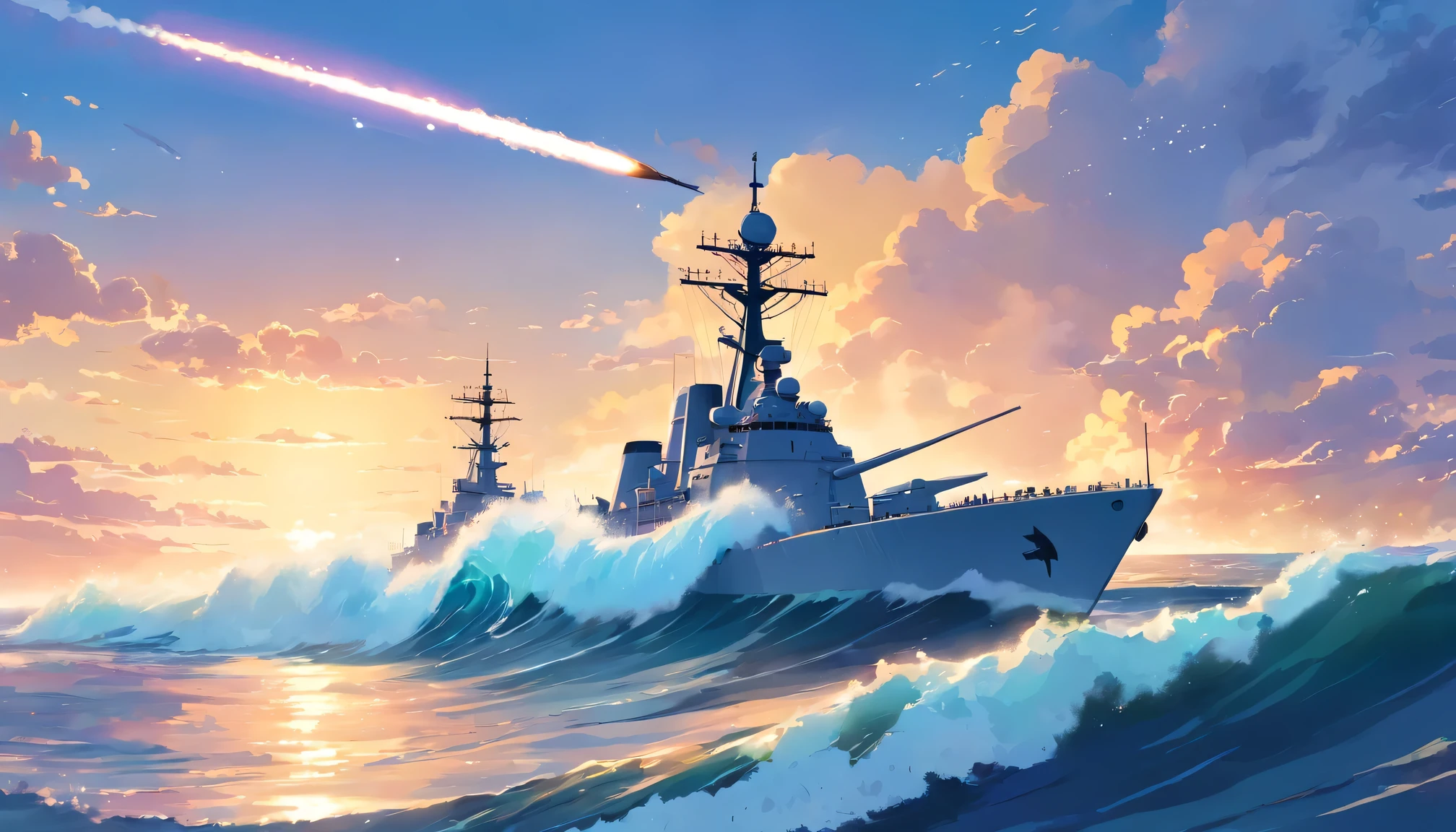 Graphic Novel，wide,Clear skies,Guided missile destroyer,Giant Wave,Morning Glow，The Last Ship,Volumetric lighting,liquidation,Realistic，intercept，torpedo，cigarette