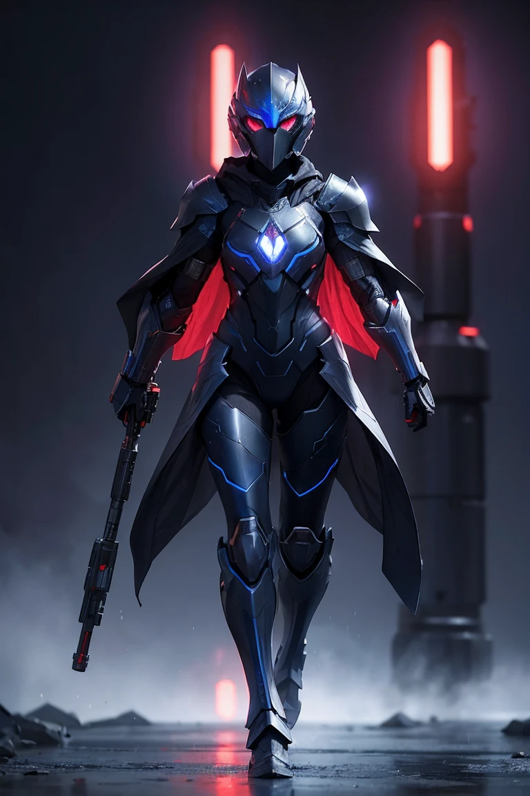 Advance armored girl, grey hood and cape, background dark space battlefield, heavy rain, red short hair, blue glowing beautiful eyes, (full body shot), blue glowing lined simple armor plate, dark environment, high detailed face, Advance mask, intense war,