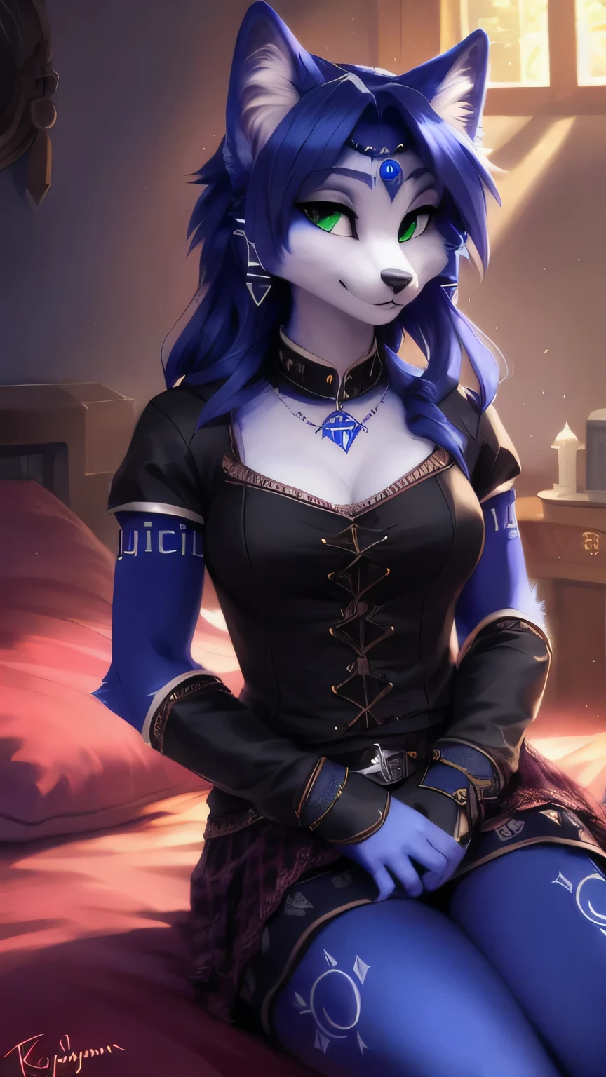 A beautiful and detailed (sweet portrait) von ((Krystal)), Sternenfuchs Krystal, Schlank, liebenswert, green eyes, medium breasts, (((Lange blaue Haare 1.3))), ((schwarze haarspitzen)), Dekollete, Grinsen, hoch schauen,, anthro, Pelzig, Hochgeladen E621, detailed flauschige fur, (von Fluff-Kevlar, Bayard Wu, personalami, Pino Daeni), detailliertes Gesicht, (flauschige), 1 girl, Allein, auf einem bett liegend, alltagskleidung, heller pullover 1.3, schwarze hose, fernsehen