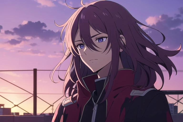 homem, olhos em formato de cruz brilhante, Messy hair, cabelo preto, alone, purple sky, jaqueta preta e vermelha