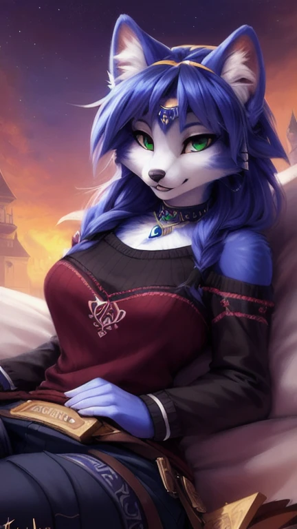 A beautiful and detailed (sweet portrait) von ((Krystal)), Sternenfuchs Krystal, Schlank, liebenswert, green eyes, medium breasts, (((Lange blaue Haare 1.3))),  ((schwarze haarspitzen)), Dekollete, Grinsen, hoch schauen,, anthro, Pelzig, Hochgeladen E621, detailed flauschige fur, (von Fluff-Kevlar, Bayard Wu, personalami, Pino Daeni), detailliertes Gesicht, (flauschige), 1 girl, Allein, auf einem bett liegend, alltagskleidung, heller pullover 1.3, schwarze hose, fernsehen